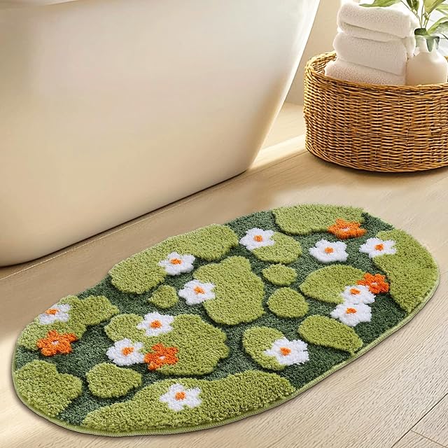 Green Floral Moss Bathroom Rug Bath Mat Ultra Thick Soft 3D Aesthetic Decor Cute Tufted Bath Rugs Non