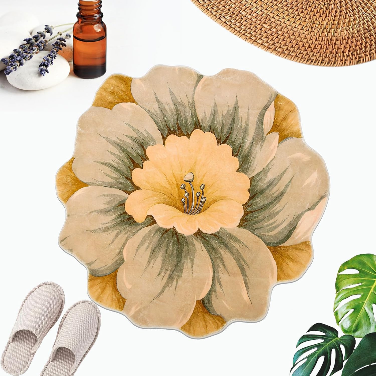 Flower Shaped Rug for Bedroom Kitchen Bathroom Entrance Kid's Room Non Slip Rug Bath Mat Flower Area Rug Yellow Bathroom Rug Small Flower Shaped Rugs 3.2ftx3.2ft Kaleidoscope