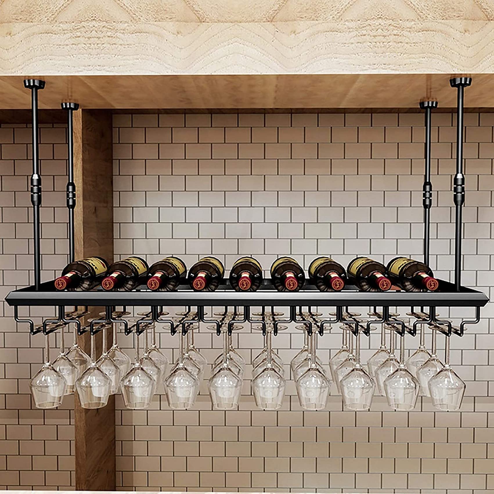 Casier à vin suspendu en métal avec étagère bouteilles vin rouge et support verres bar
