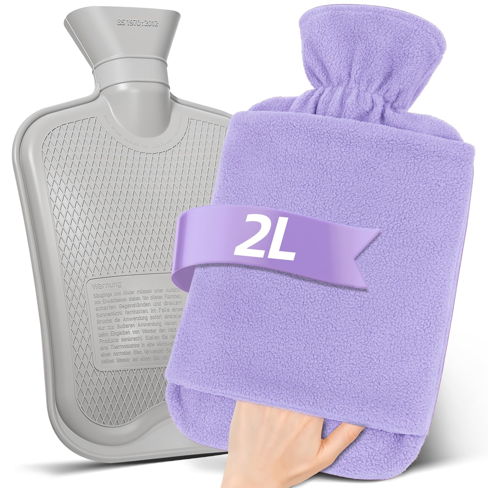 MUPAS Wärmflasche mit Vliesbezug –2L Große Auslaufsicher Bettflasche –Weicher Wärmflaschen mit Känguru Tasche +Naturkautschuk –Hot Water Bag für Kinder & Erwachsene –Zur Schmerzlinderung