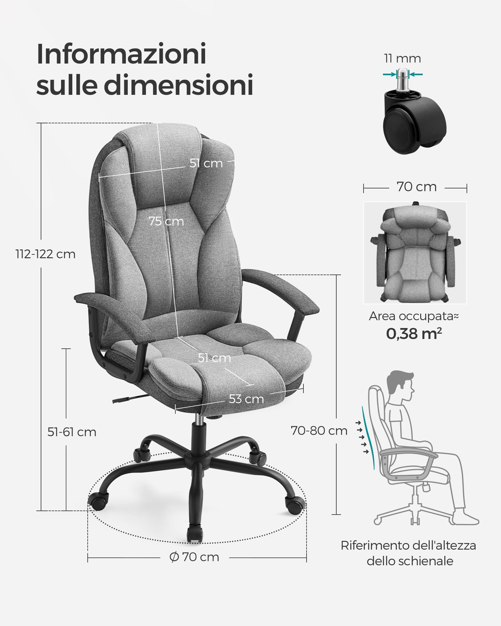 SONGMICS Krzesło biurowe, krzesło biurowe, krzesło gamingowe z podłokietnikami, krzesło komputerowe, fotel szefa, z regulacją wysokości, gabinet, gołębi szary atrament OBG057G01, 67 x 68 x (112-122