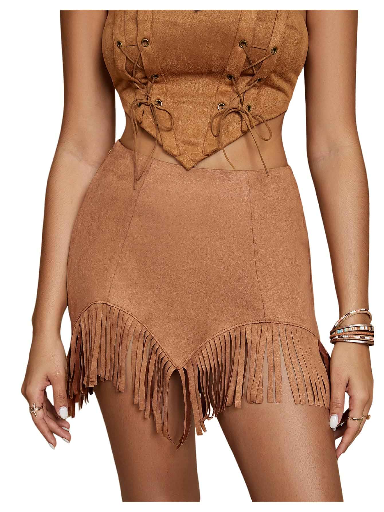 MakeMeChic Women's Cowgirl Fringe Suede Mini Skirt High Waisted Boho Short Skirts