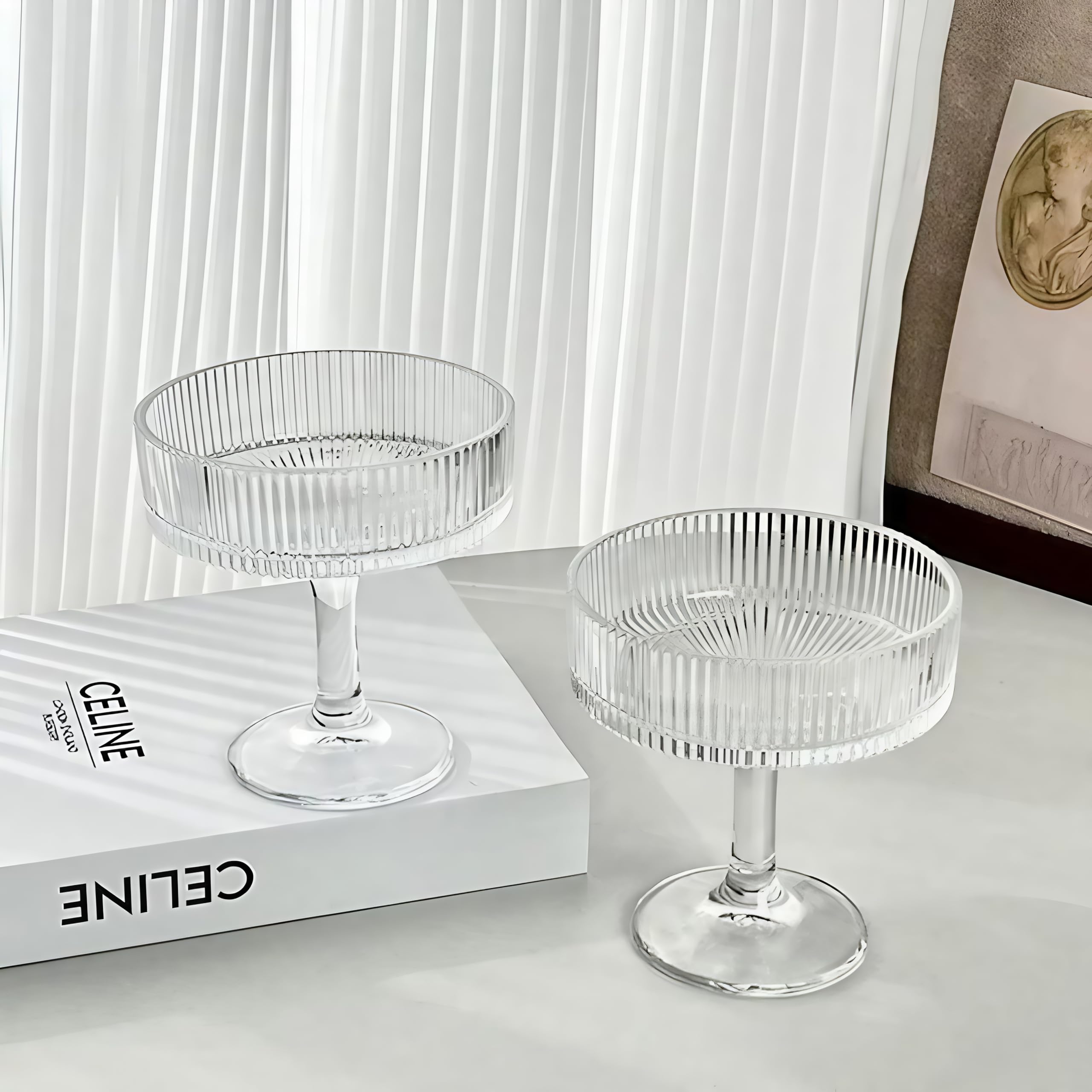 Inovique Enterprises 200ml Stria Coupe Glass Set of 2 - Ribbed Crystal Cocktail & Champagne Glasses | Vintage Coupe Stemware for Martinis, Margaritas & Desserts 2