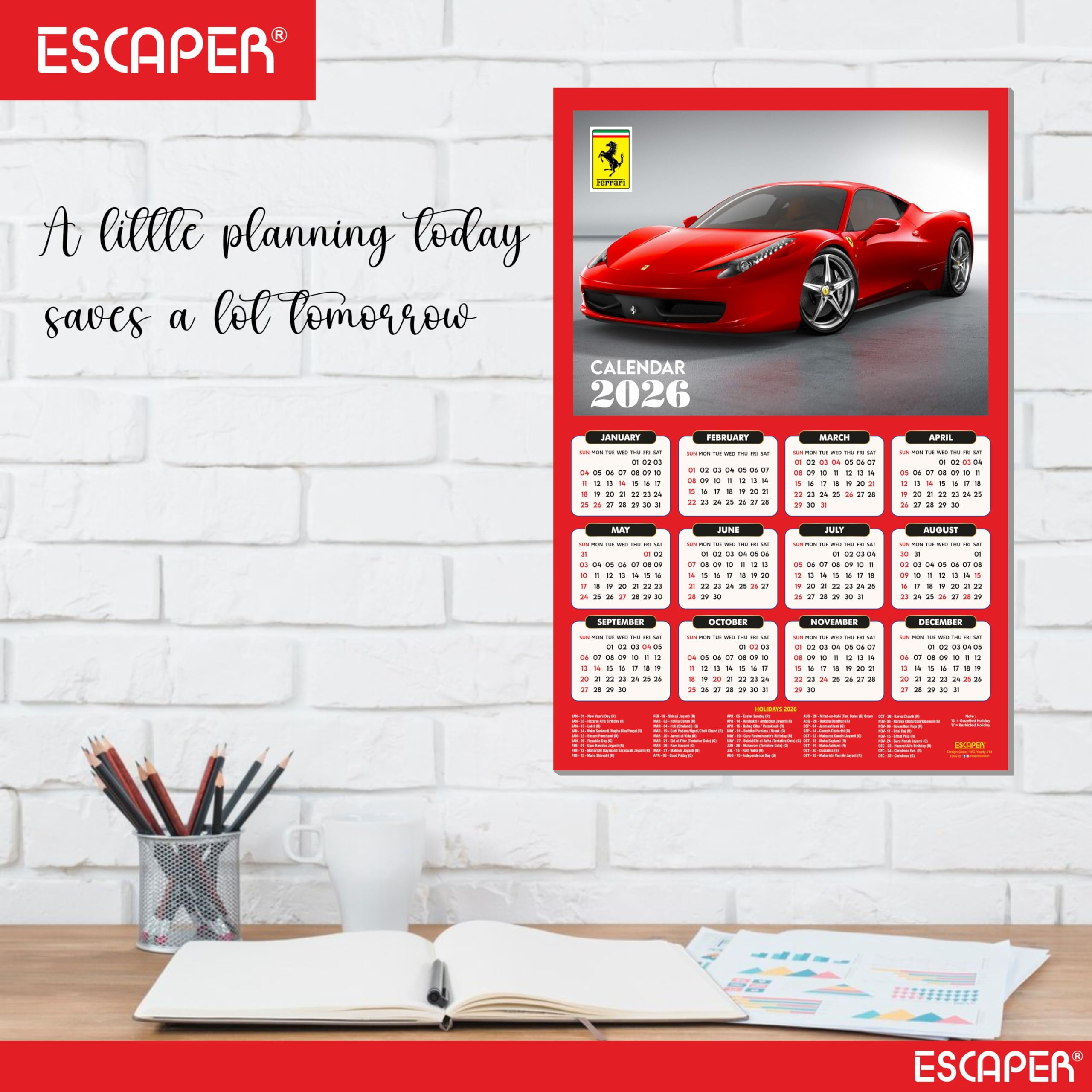 ESCAPER Calendario de pared de coche 2026 - 45 x 30 cm, decoración de pared de coche deportivo y automóvil, calendario colgante grande para decoración de habitación y hogar