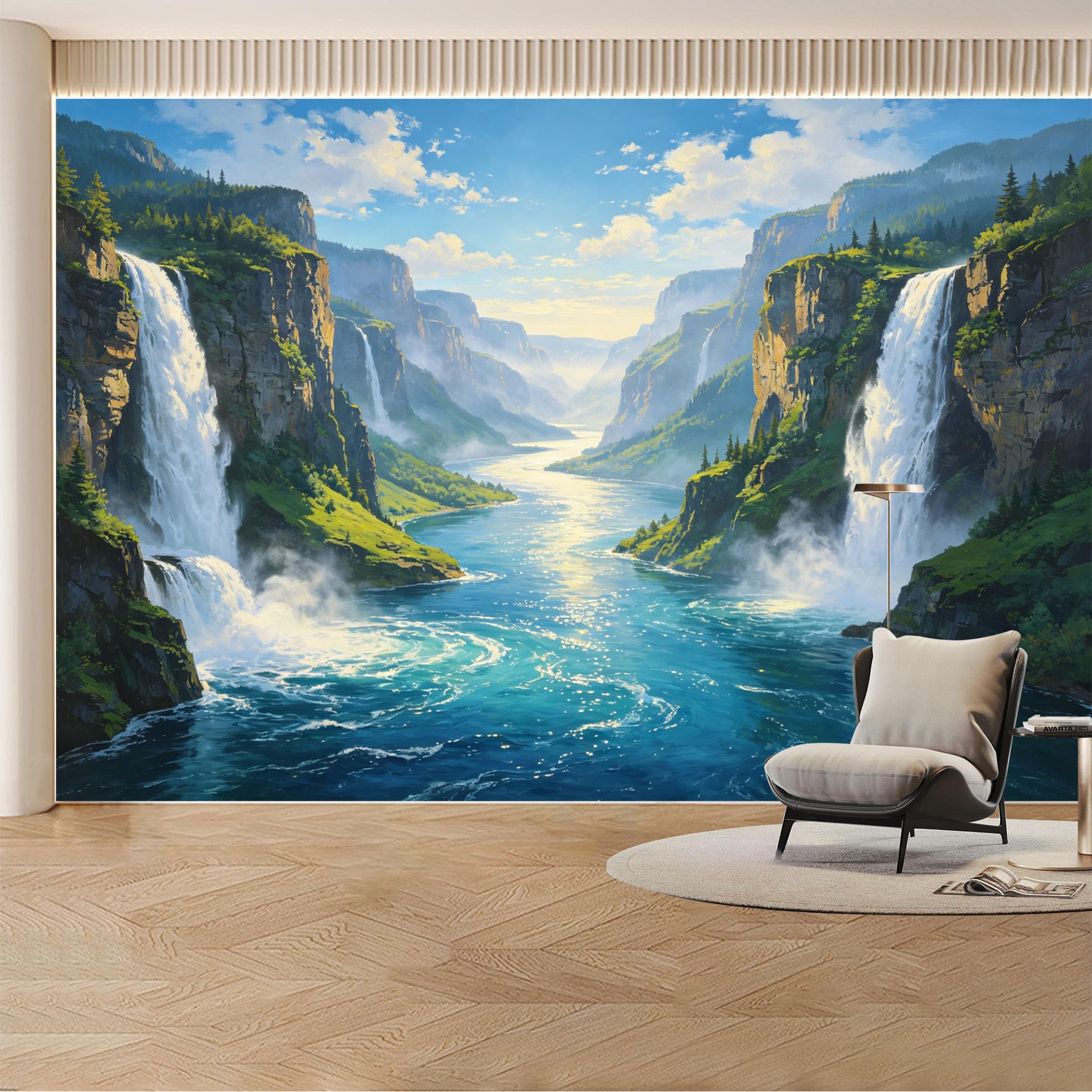 Kayorowalls Bh20260620065 Custom Wall Mural Wallpaper Waterfall Mountain Landscape Nature 3D Effect Large Wall Art Mural Design Misty Sunset Luxury Removable Selfadhesive Large Photo For Living Room， Bedroom， Office