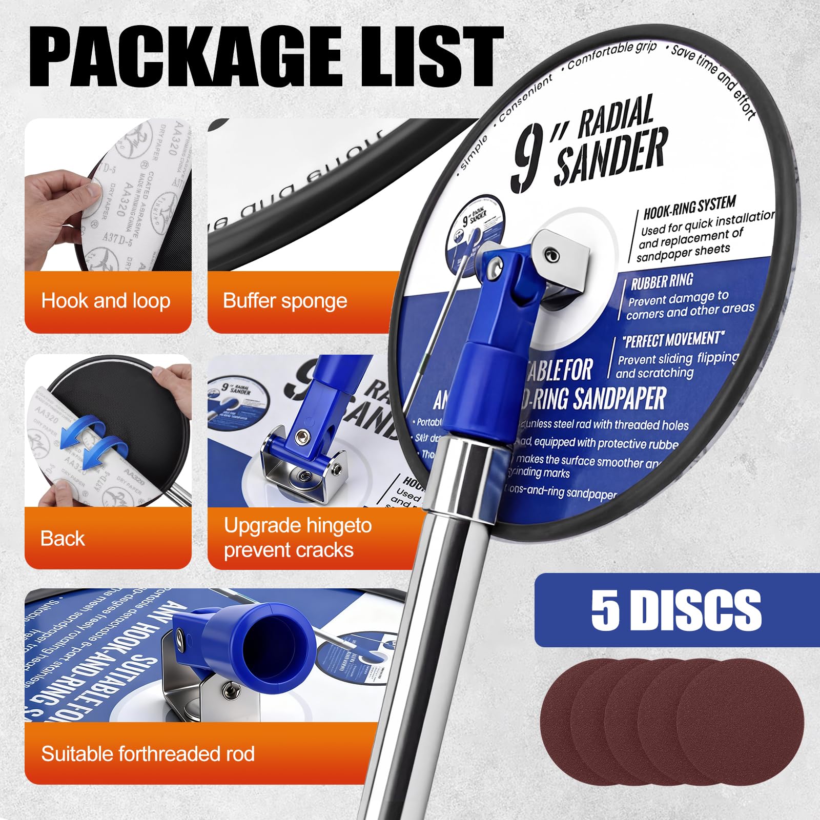 Lijadora de poste para paneles de yeso, poste de extensión ajustable de 89 pulgadas, bolsa, cabezal de lijado circular giratorio de 360° para paredes y techos, completa con 5 hojas de lijado (grano 80
