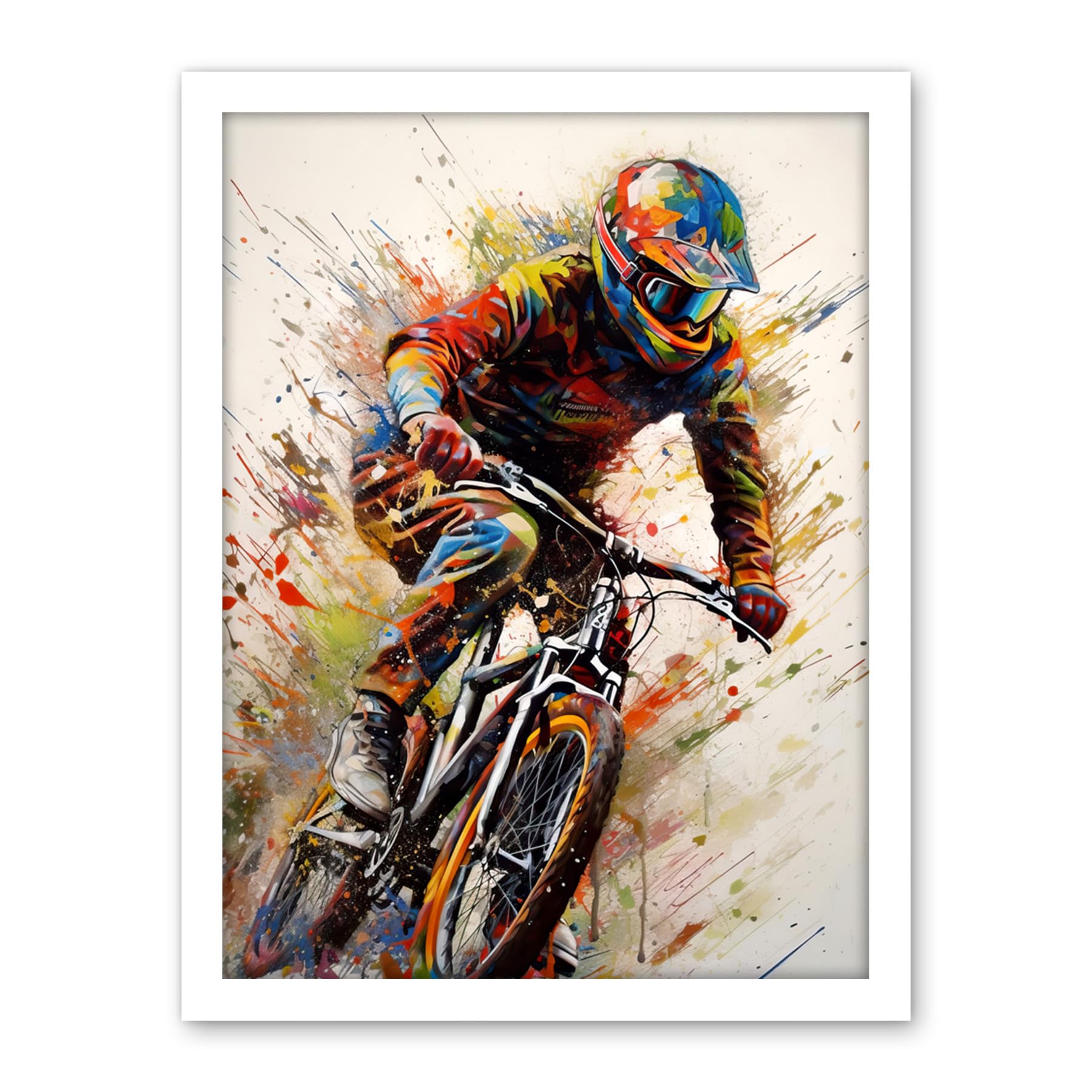 Artery8 Mountain Biker Portrait Splat Paint Action Shot Artwork Framed Wall Art Print 18X24 Inch