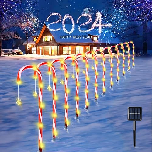 Paquete de 12 decoraciones navideñas para exteriores, luces solares de 21 pulgadas para decoración de bastón de caramelo, luces solares de Navidad