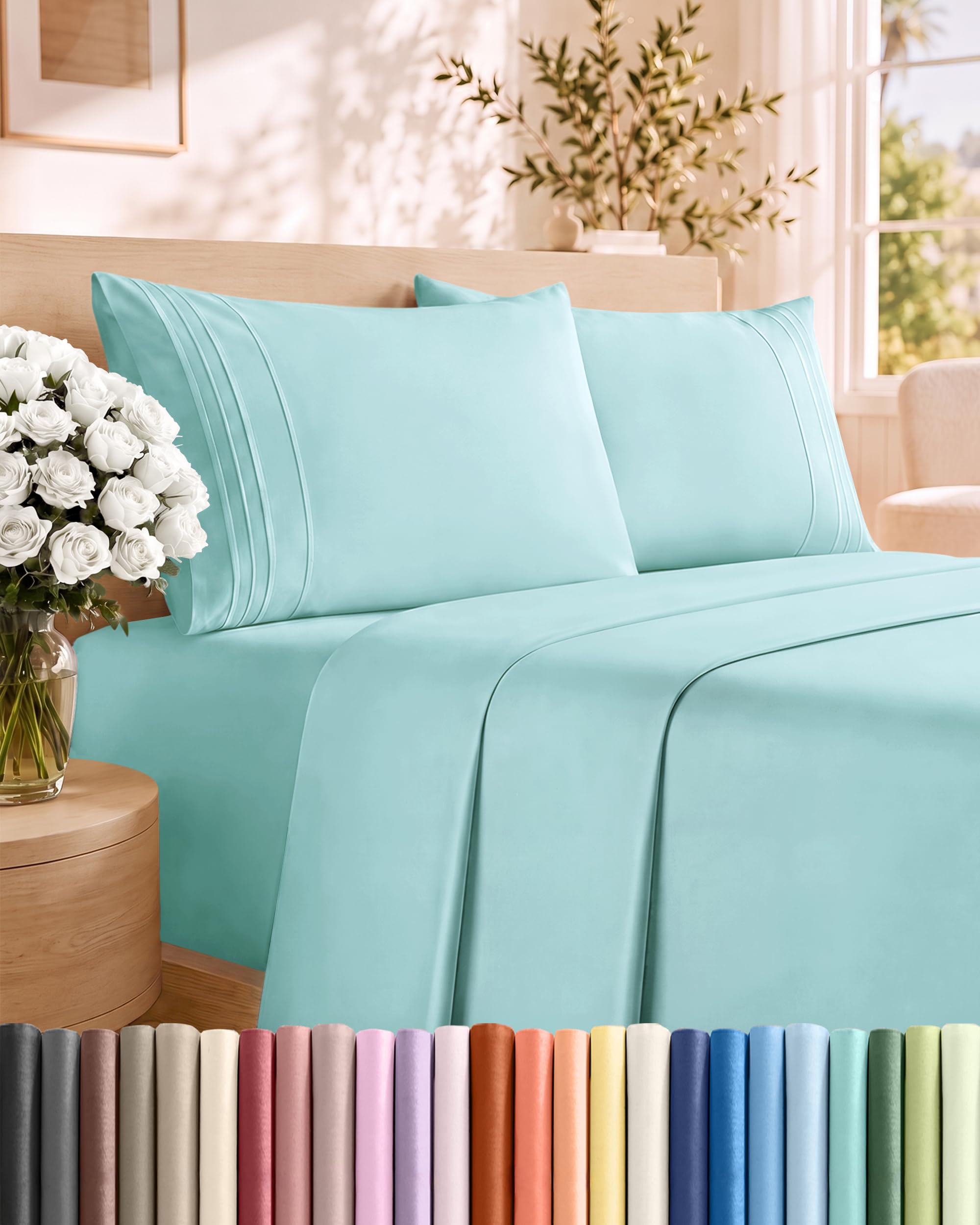 Queen Size 4 Piece Sheet Set - Comfy Breathable &amp; Cooling Sheets - Spa Blue