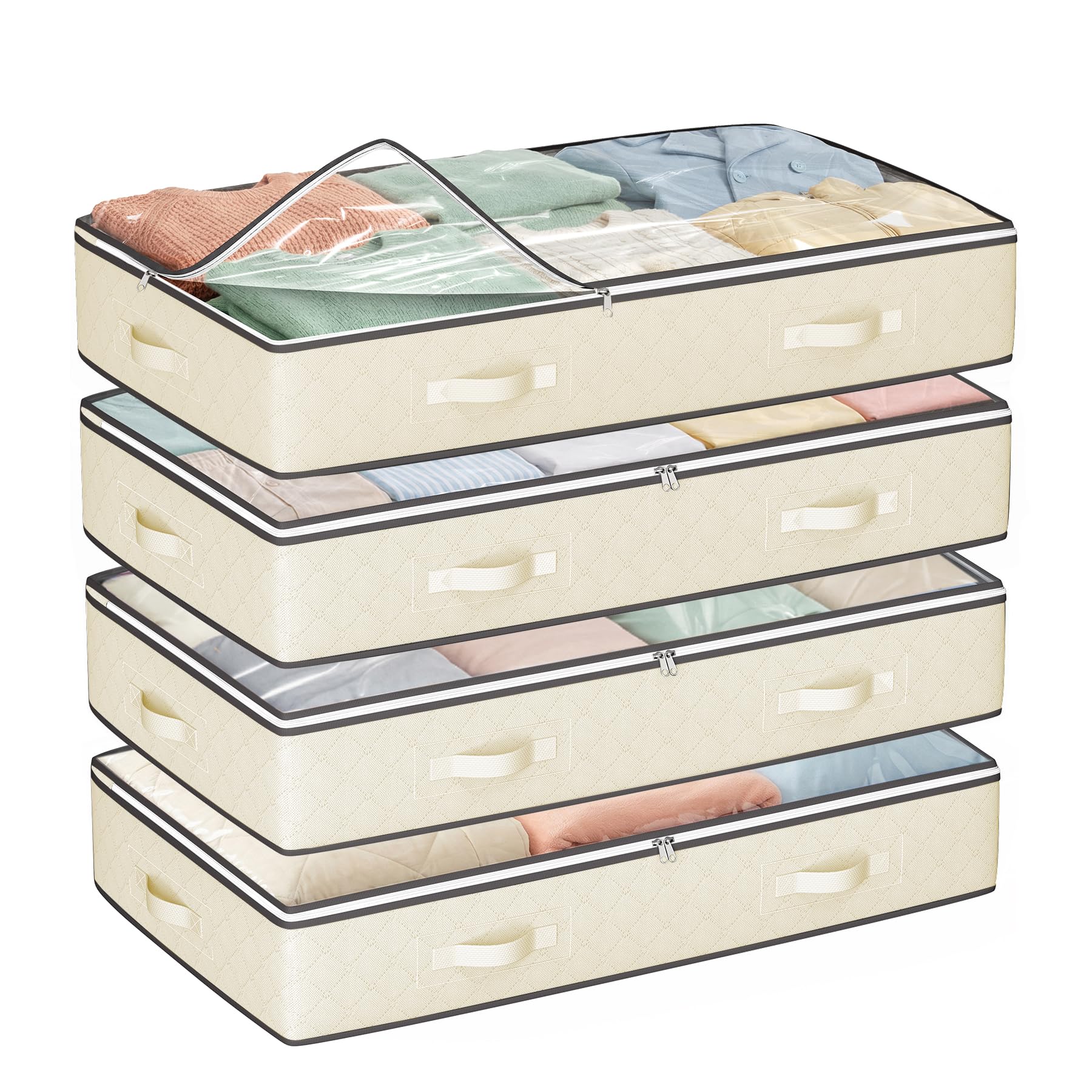 Budding Joy 4 Pack Under Bed Storage Containers with Clear Lids, Beige