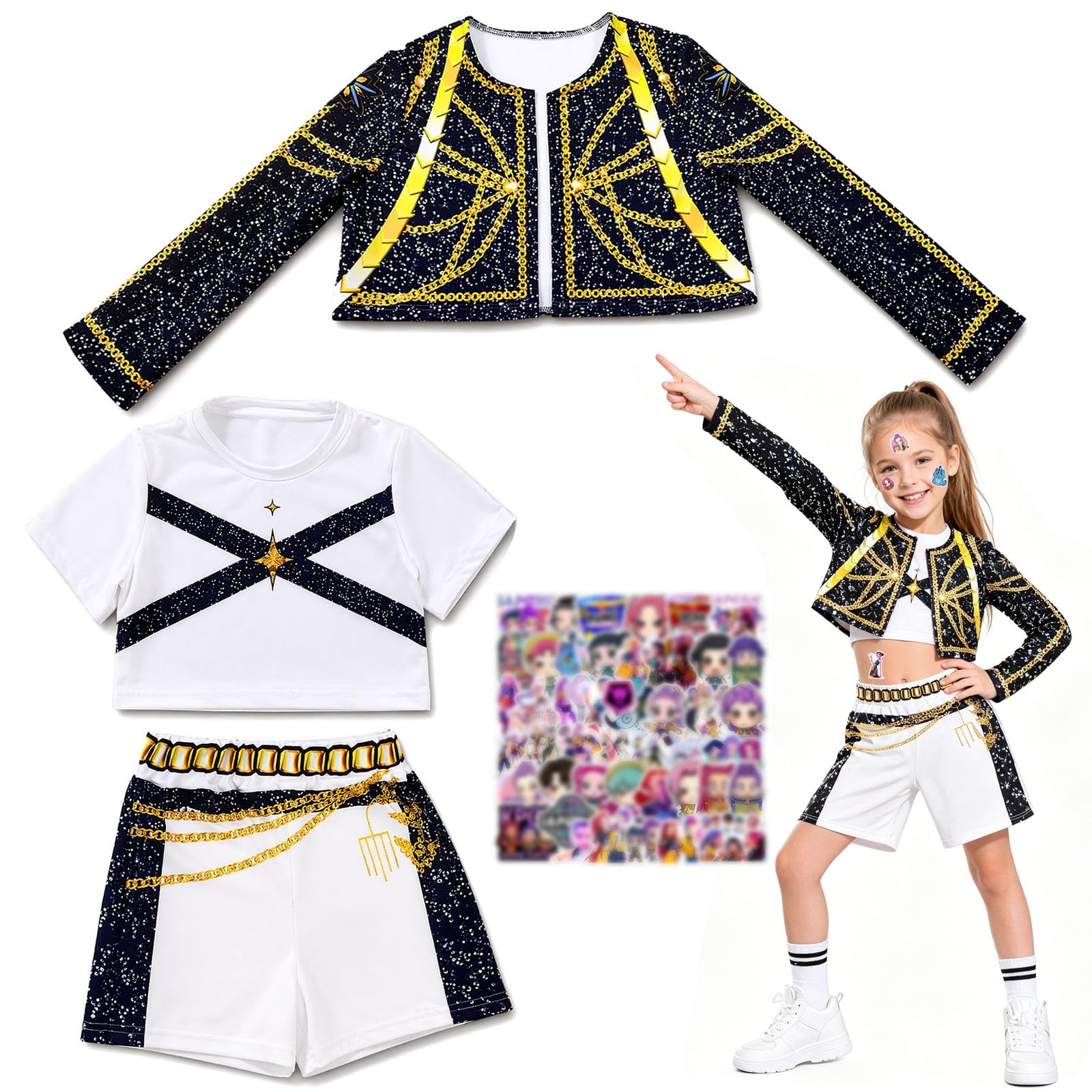 Dooaqiin Kids Style Stage Performer Costume Set - Anime CostumeοΌ3 Piece Outfit with Top, Jacket and Shorts for World Book Day, Halloween, Cosplay and Carnival Dress Up (Sizes 110-140) (kp, 130)