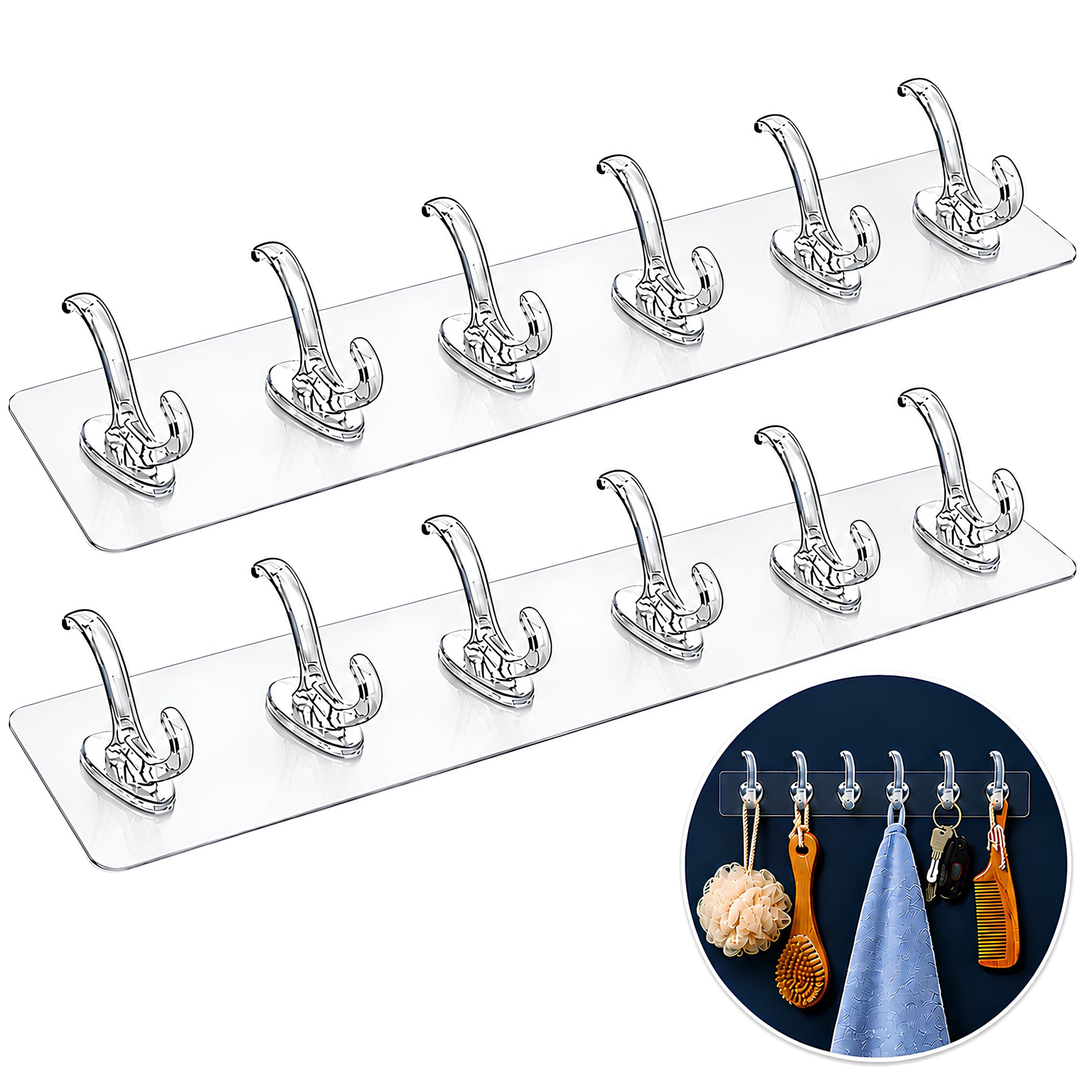 Self Adhesive Wall Hanger Hooks | 6 Hook, Transparent | Waterproof Heavy Duty No Drill Wall Hooks for Bathroom, Kitchen, Bedroom, Office | Strong Adhesive Multi-Purpose Organizer, Pack of 2-image-35