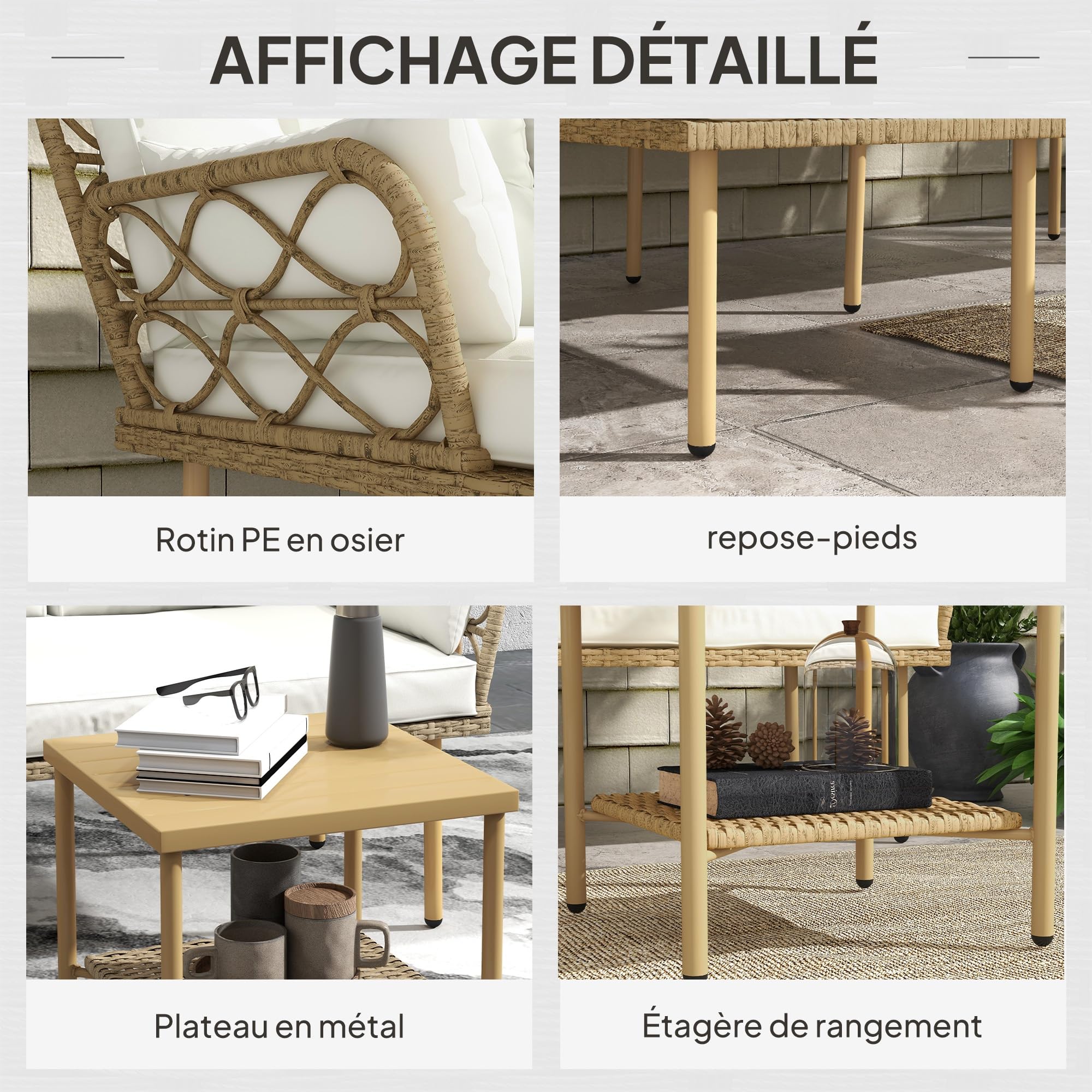 Outsunny Salon de Jardin Exterieur 4 Personnes avec 1 Table Basse Crème