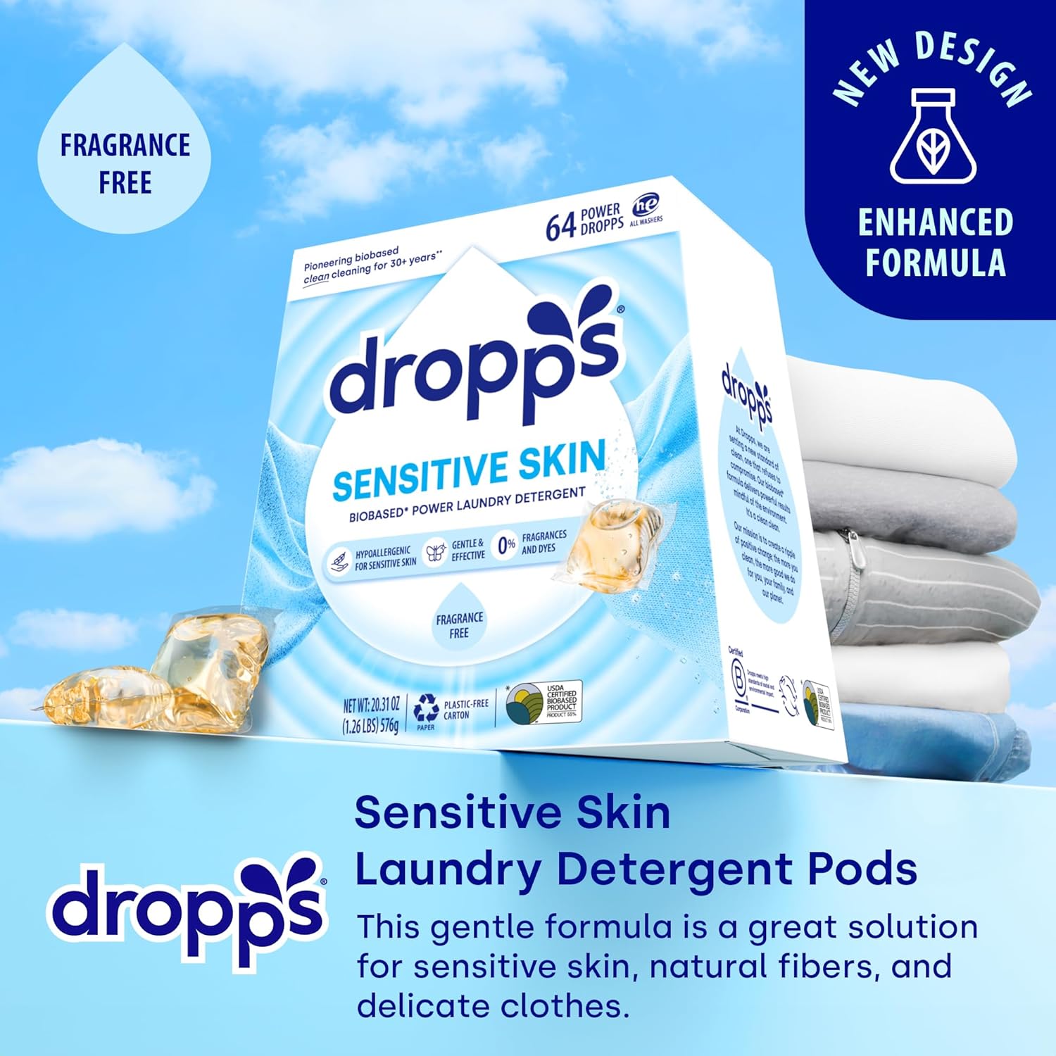 Dropps Sensitive Skin Laundry Detergent Pods, Unscented (64 Ct) - Hypoallergenic & Dermatologist Tested | Free & Clear | Laundry Pods for Sensitive Skin | Clean Ingredients | Plastic Free Packaging
