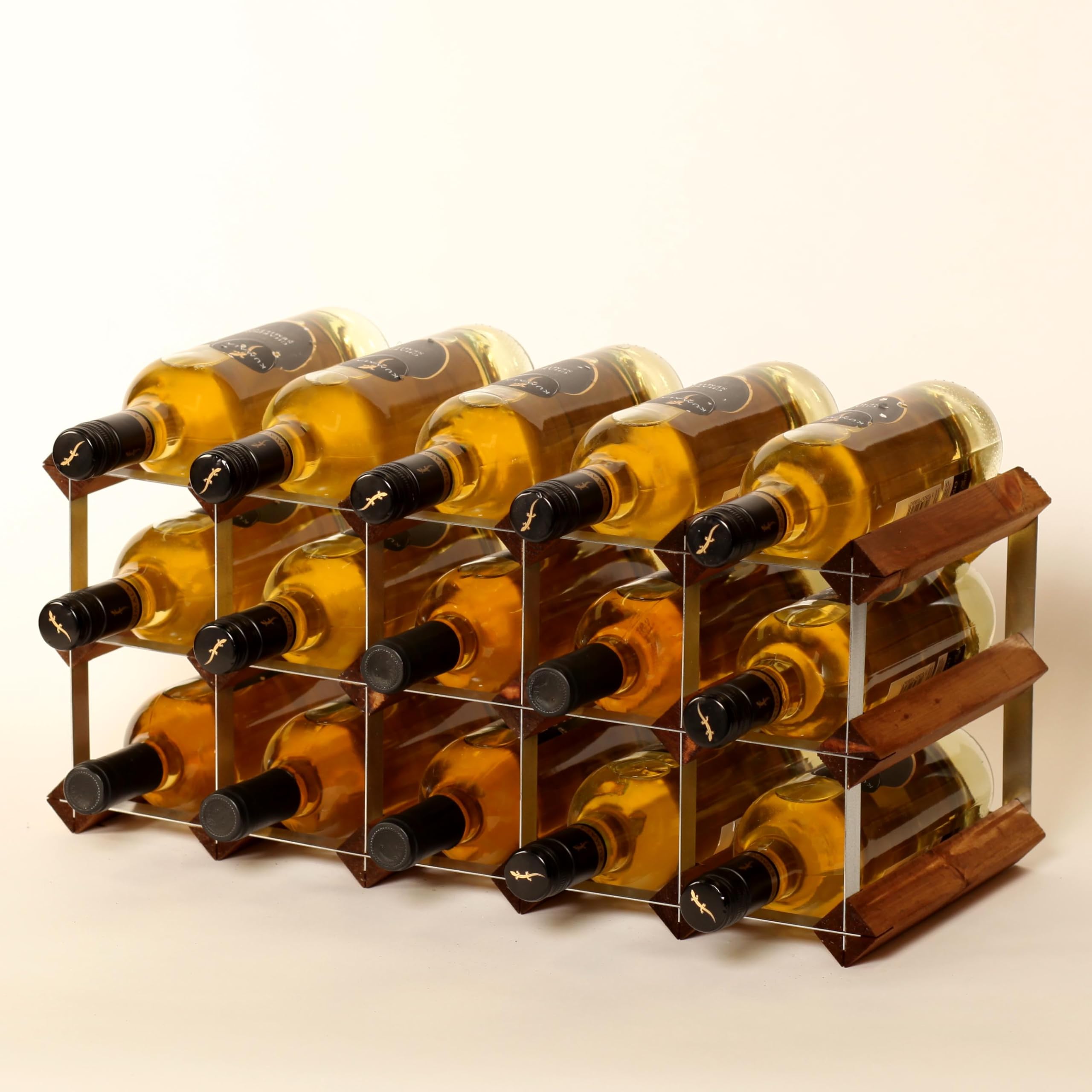 Botellero clásico de madera de roble teñida y metal galvanizado para 15 botellas | Listo para montar
