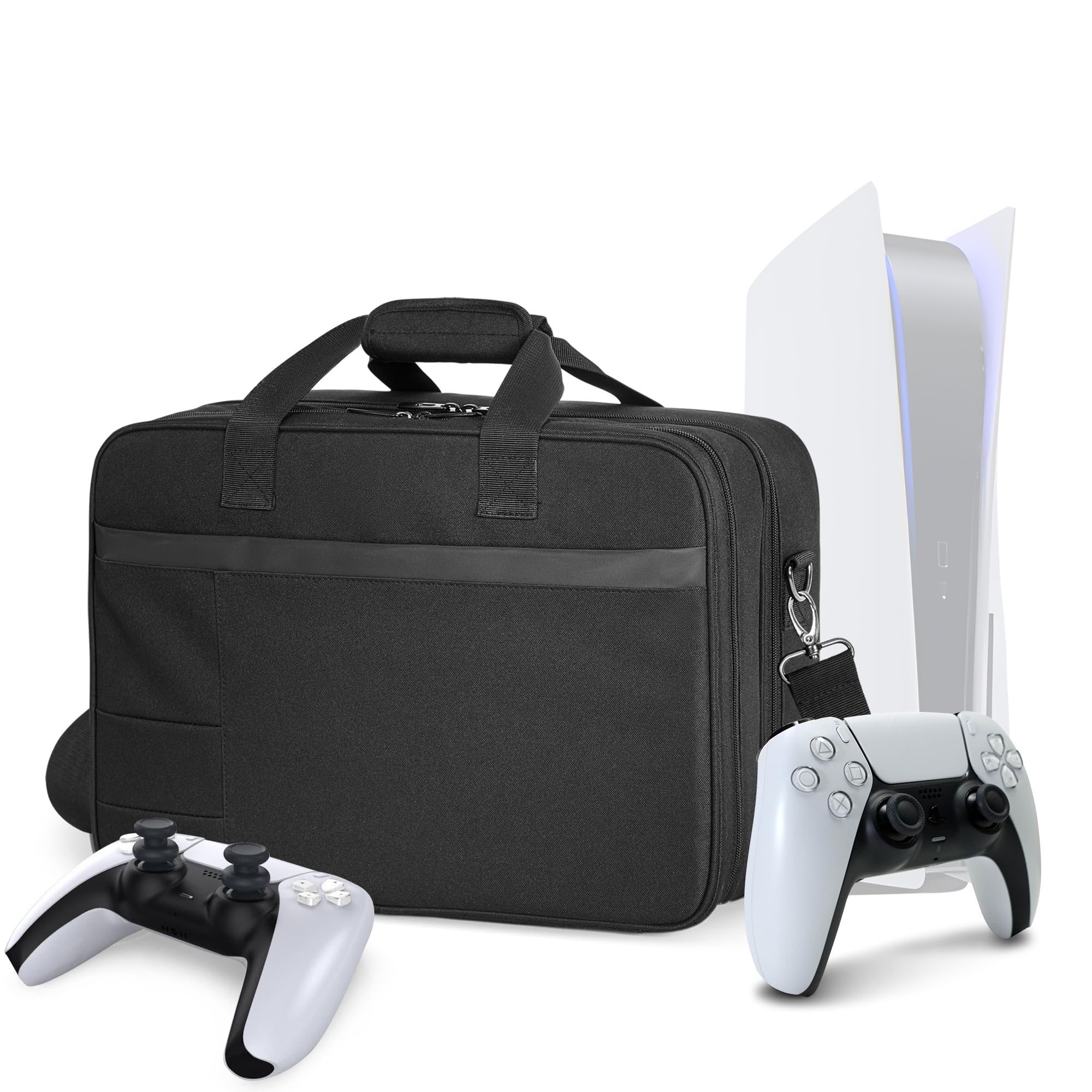 CURMIO Bolsa de Transporte Compatible con PS5, PS5 Slim, PS4, Negro | Funda de Viaje para Consola de Doble Capa, Compartimento Acolchado para Portátil, Bolsa Vacía