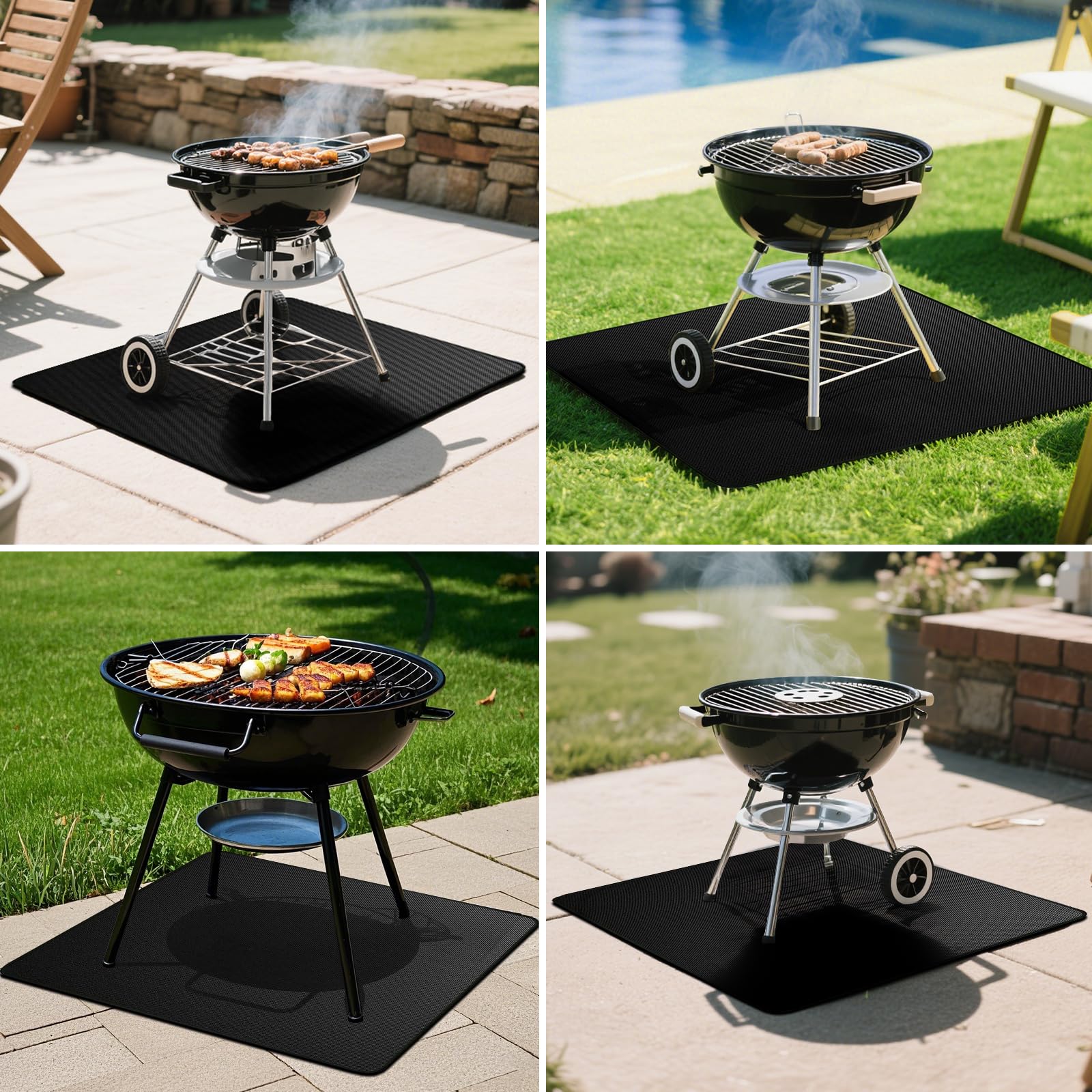 Tapis de brasero carré double face ignifuge résistant à la chaleur imperméable 100 x 100 cm noir