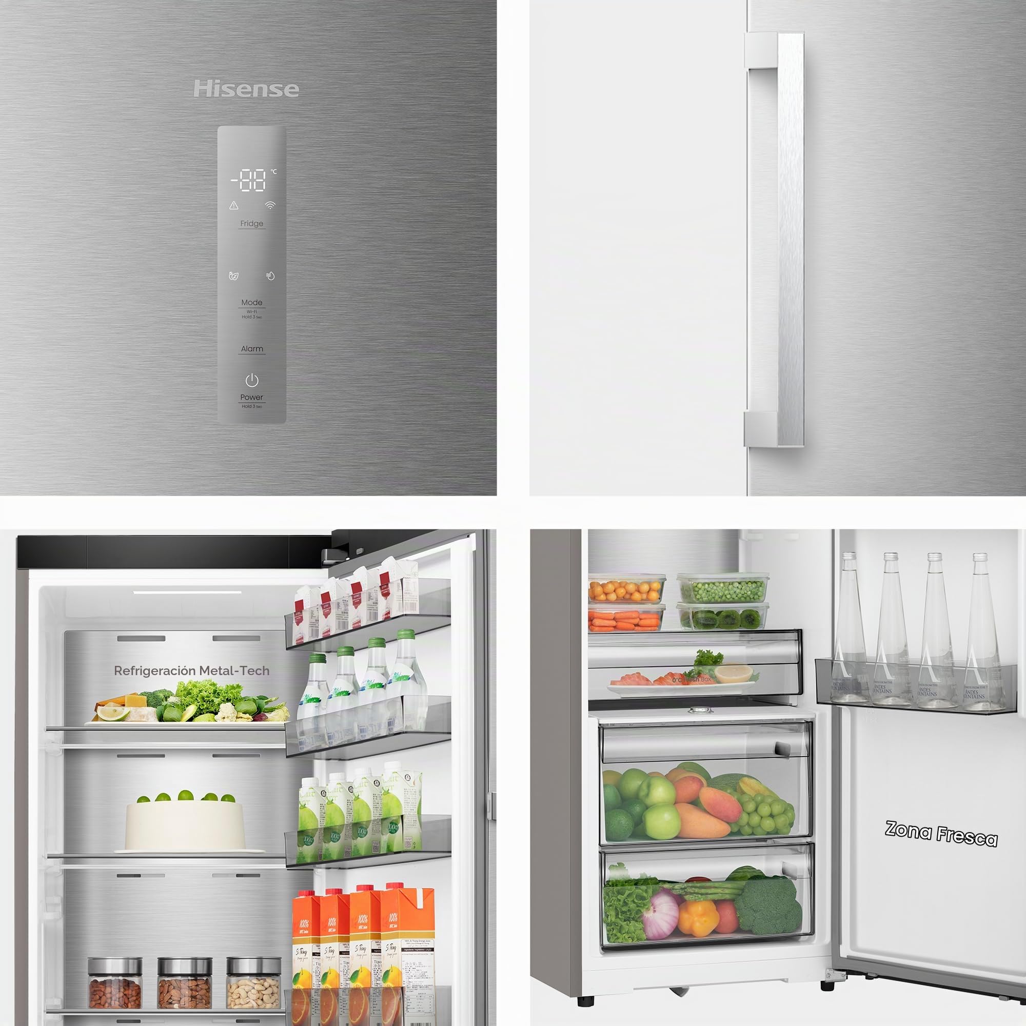 Hisense RL3K370SAIE1 - Frigorífico Una Puerta Total No Frost Kitchen Fit, 372L, 186cm, Ventilación Inferior, Apertura de Puerta 90º, Metal-Tech Cooling, Tirador de Apertura Fácil, WiFi, Inox