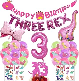 Dinosaur Theme 3rd Birthday Decorations - 35 Pcs Pink Happy Birthday Ban...