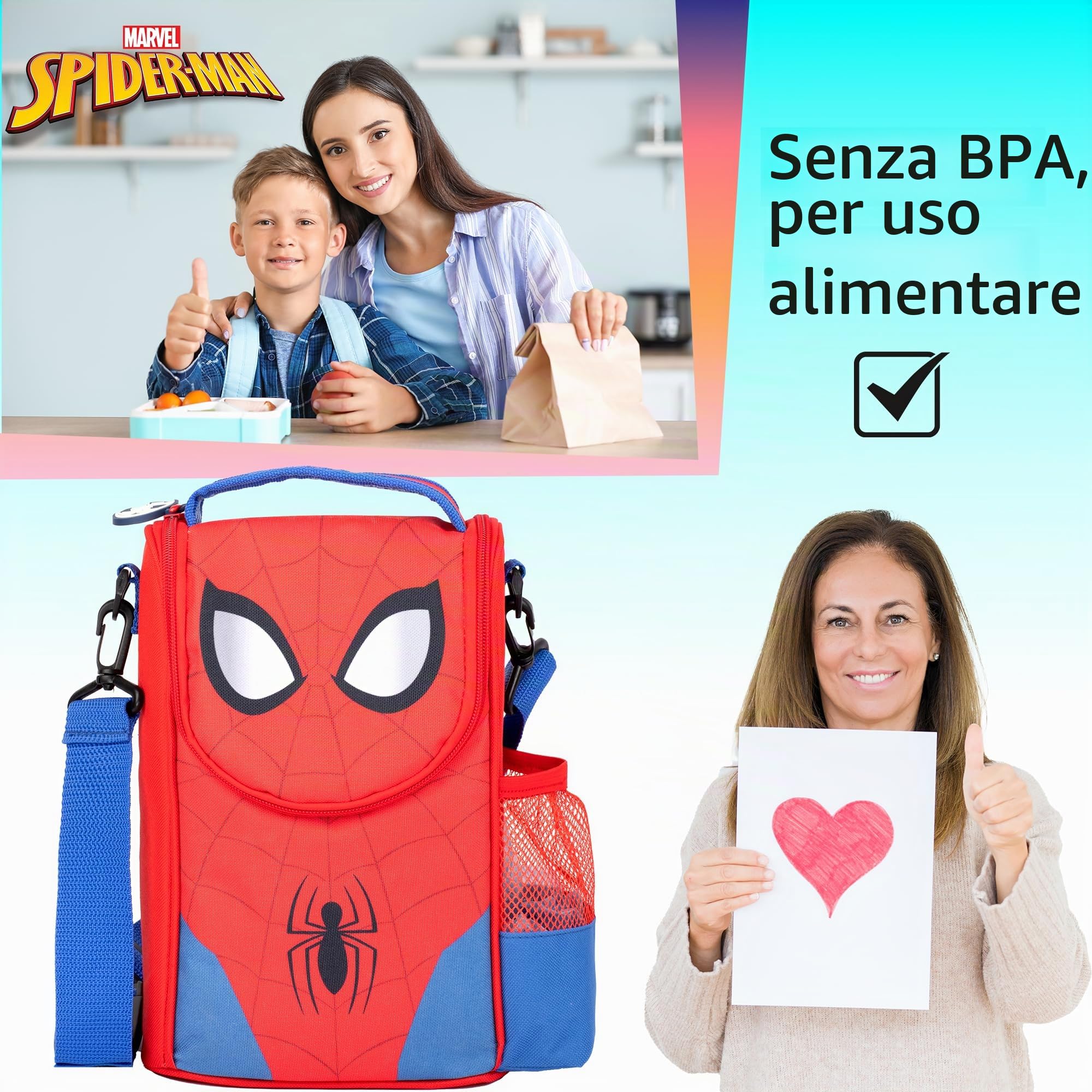 Marvel Borsa portapranzo Spiderman con tracolla e tasca laterale per bottiglia per bambini per la scuola isolata termica grande cibo Carier per ragazzi