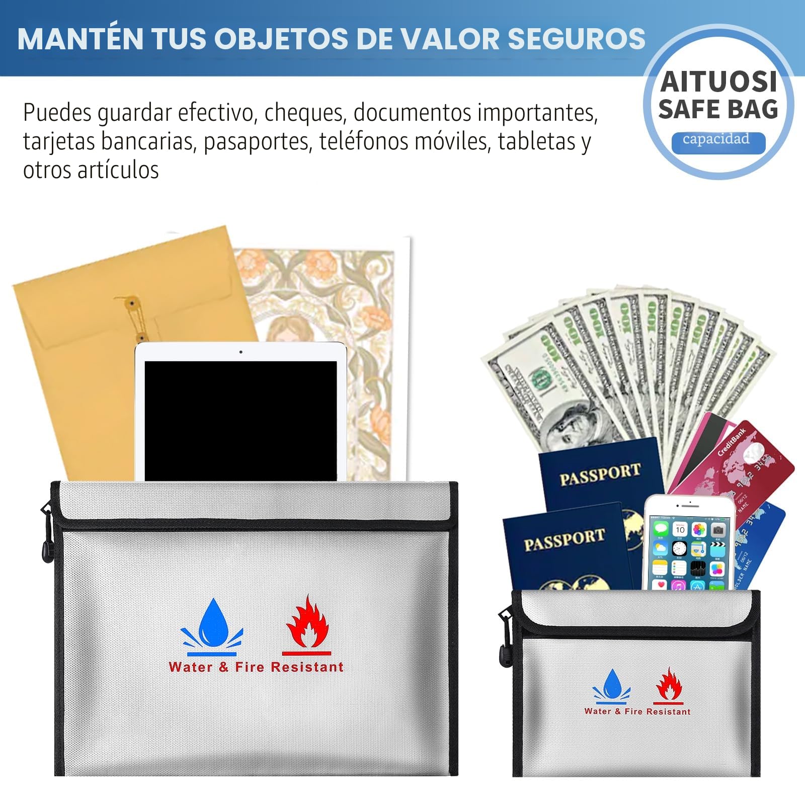 Bolsa de documentos ignífuga, bolsa de almacenamiento de seguridad ignífuga e impermeable de 15 x 11 y 9 x 7 pulgadas, puede proteger objetos de valor, pasaportes, documentos, dinero, joyas (plata)