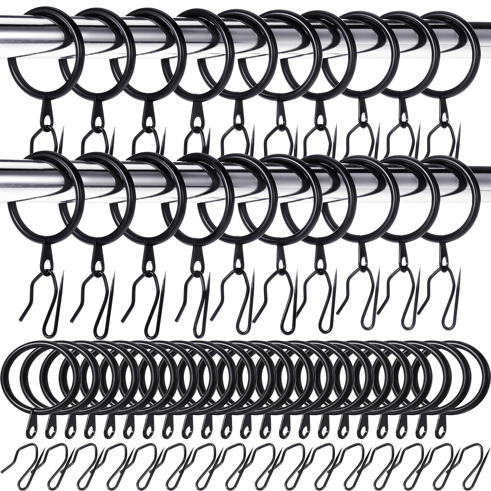 Hotop Lot de 60 anneaux de rideau en métal et 60 crochets en métal pour fenêtre, porte de douche, rideau de douche (noir, 4,1 cm)
