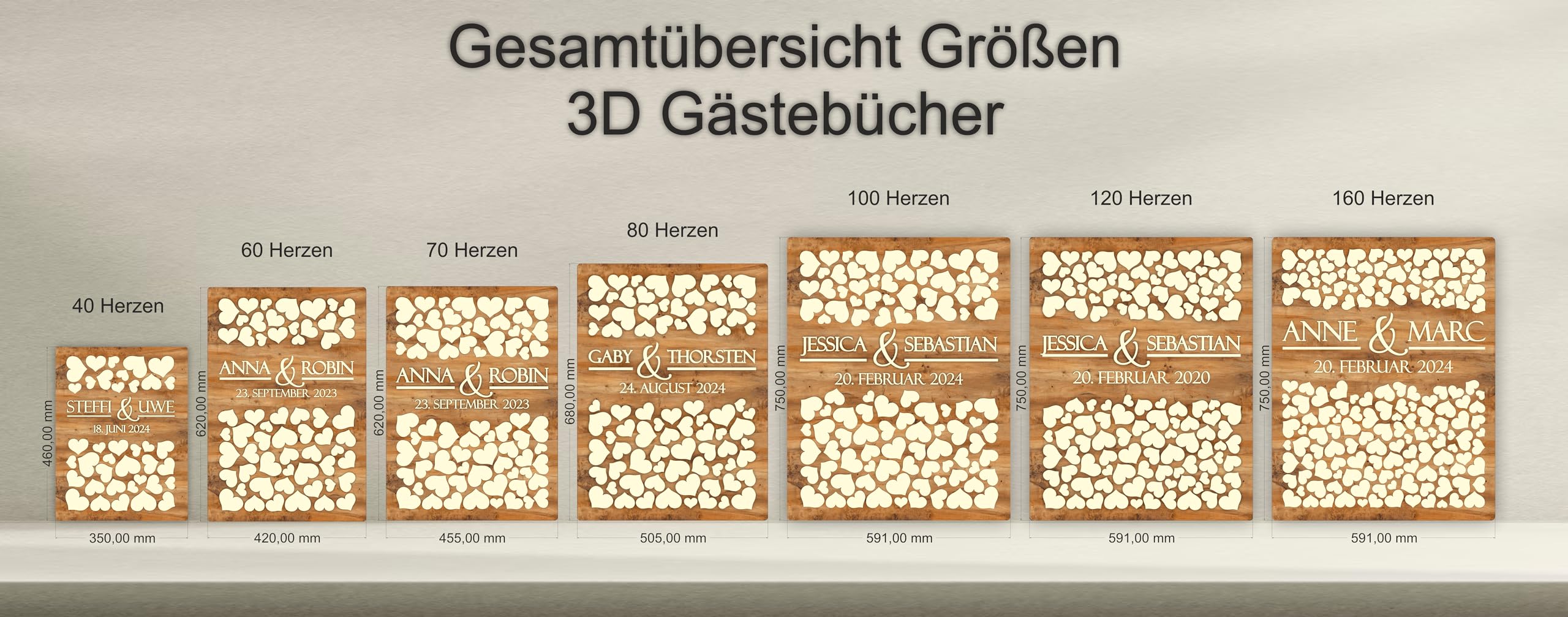 Manschin-Laserdesign Personalisiertes 3D Gästebuch mit 40-160 Herzen | aus echtem Holz | Gästebuch Alternative - (Hintergrundfarbe Nussbaum Hell)