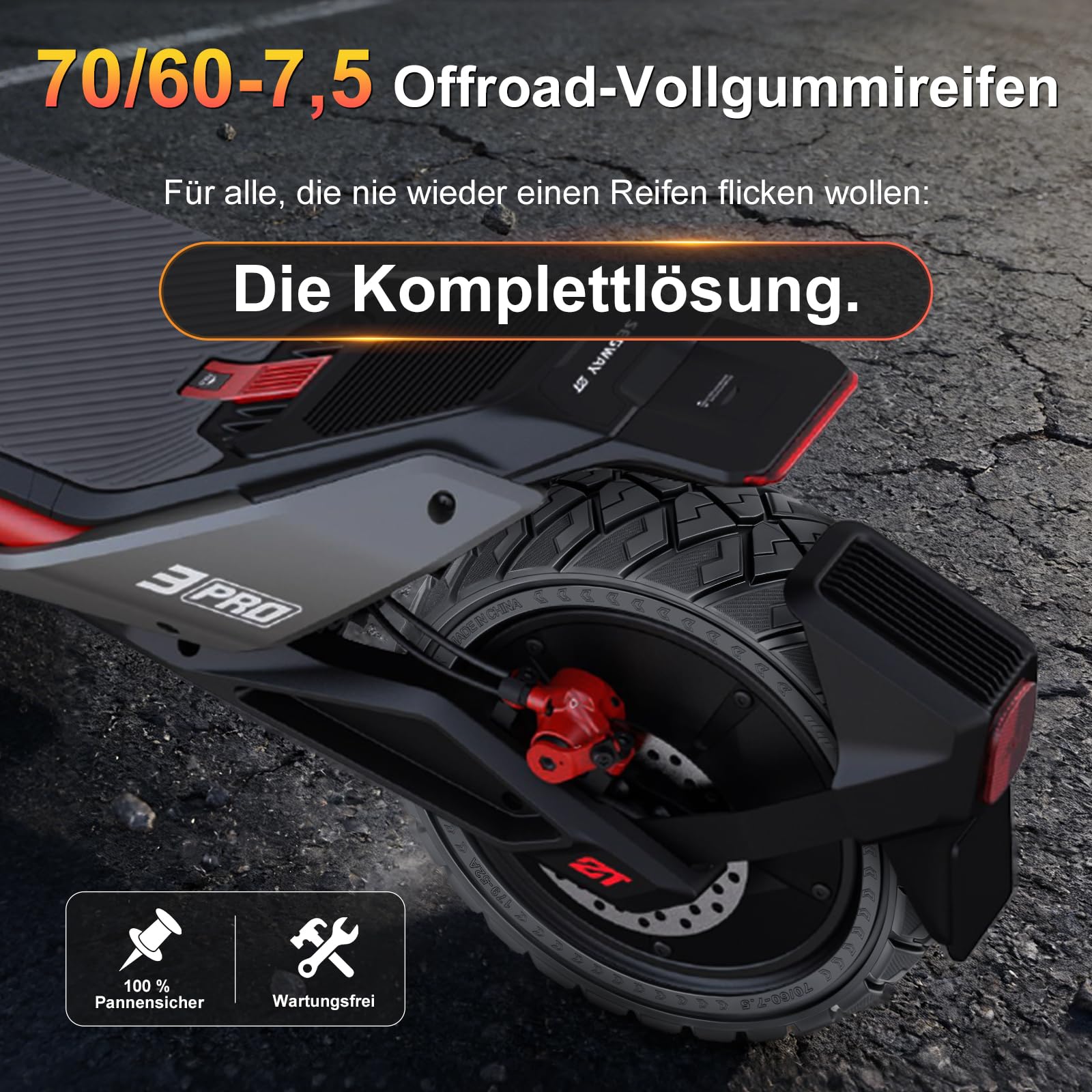70/60-7,5 Vollreifen für Segway ZT3 Pro D, ZT3 Pro E, ZT3Pro, für Ninebot MAX G3 D Elektroroller Ersatzreifen Vollgummireifen Anti-Rutsch Off-Road Solide Reifen Pannensicher (1 Stück)