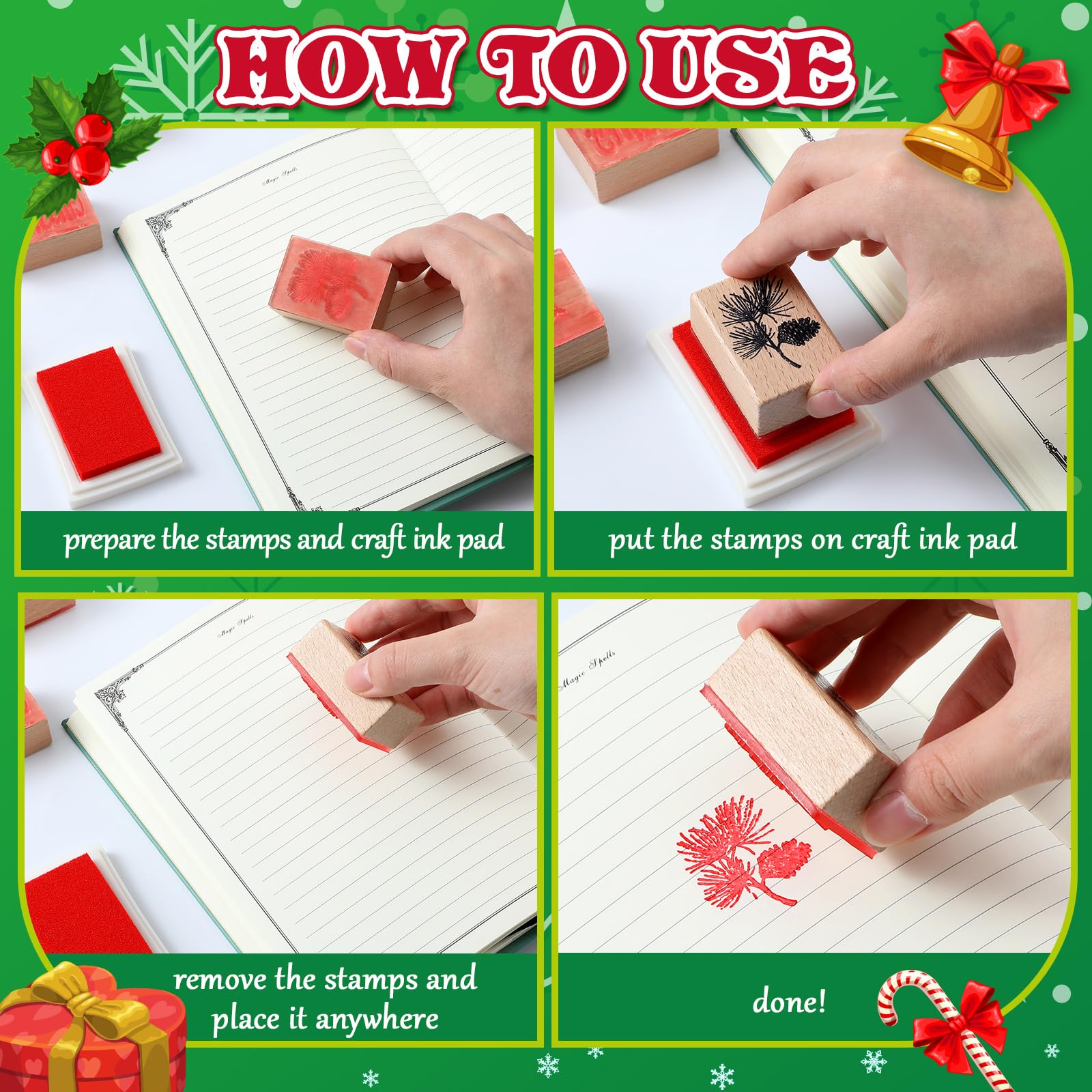 Watersay Juego de 14 sellos de goma de Navidad y almohadillas de tinta para manualidades, 9 sellos de goma de Navidad de madera, 5 almohadillas de tinta para manualidades, tarjetas de bricolaje y
