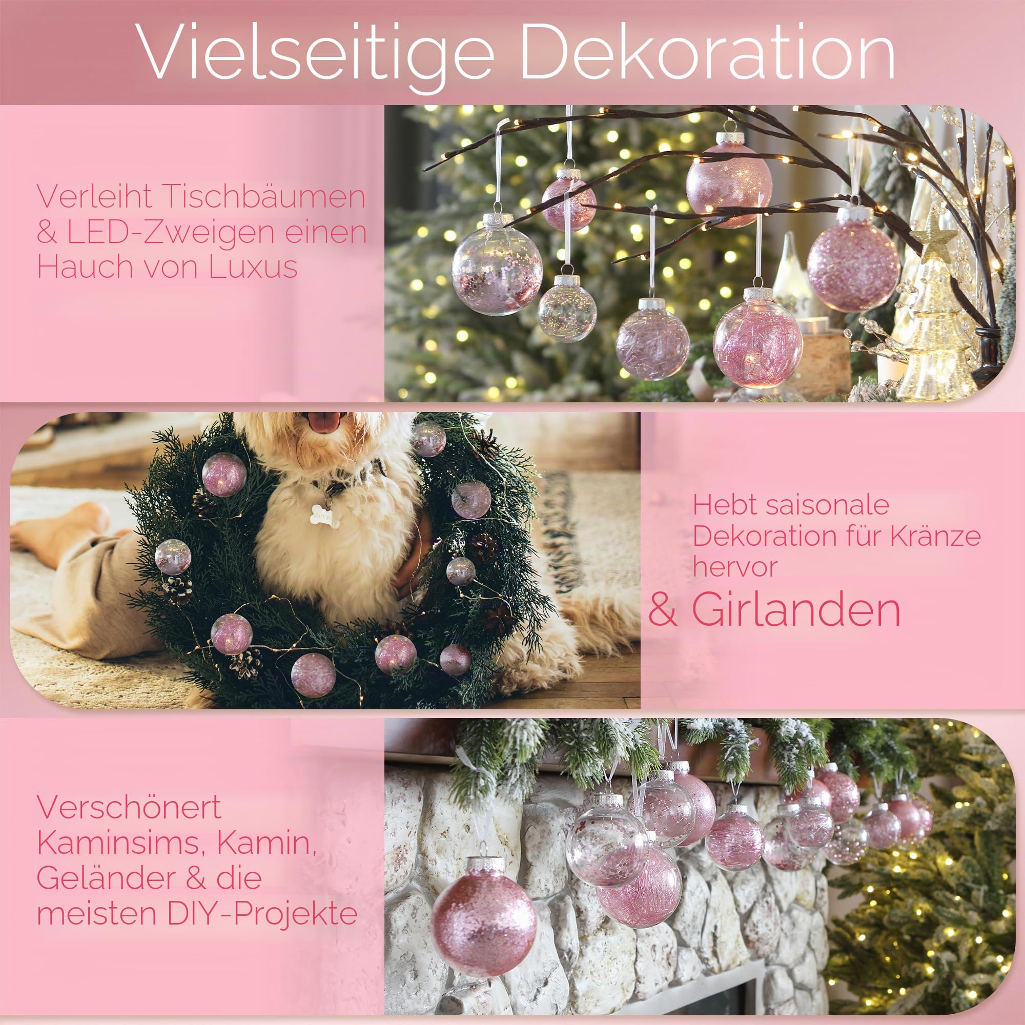 Sea Team Christbaumkugeln Set aus transparentem Kunststoff, bruchsicher, Verschiedene Größen, dekorative Weihnachtskugeln mit zierlichen gefüllten Dekorationen (48 Stück, Rosa) | Verschiedene Größen, befüllbar mit Dekorationen, ideal als hängender Schmuck