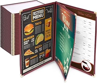 Yescom 30pcs 8.5x14inches Menu Cover Trifold 6 View 3 Page Restaurant Cafe Book Style Clear Burgundy