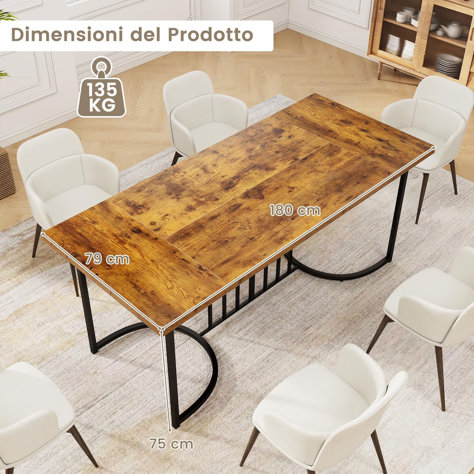COSTWAY Tavolo da Pranzo 180 x 79 x 75 cm per 6-8 Persona, Tavolo Cucina Rettangolare in Legno con Struttura in Metallo, Mobile moderno per Sala da Pranzo e Ufficio, Capacità di Carico 135kg