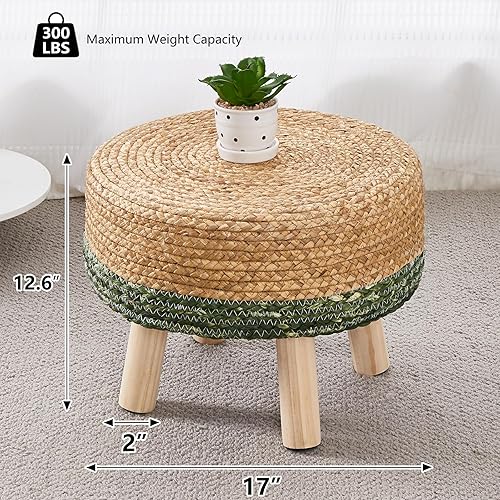 Miniatura 3 de Wimarsbon Puf otomano, reposapiés con patas de madera, reposapiés de jacinto de agua natural hecho a mano, mesa auxiliar para sofá, silla de tocador