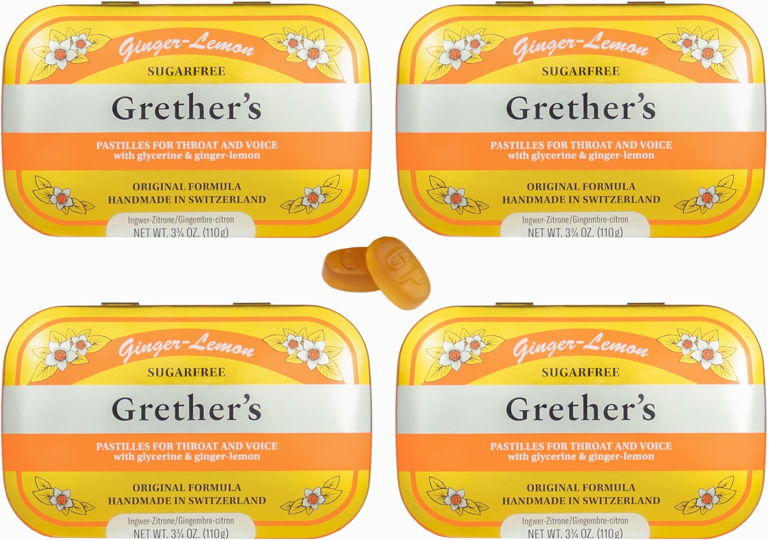 GRETHER'S Sugarfree Ginger Lemon Pastilles – Premium Swiss Throat Lozenges for Dry Mouth & Throat Comfort – Citrus-Fresh Flavor – Gluten & Lactose Free – Gift for Singers – 3.75 oz, 4 Pack