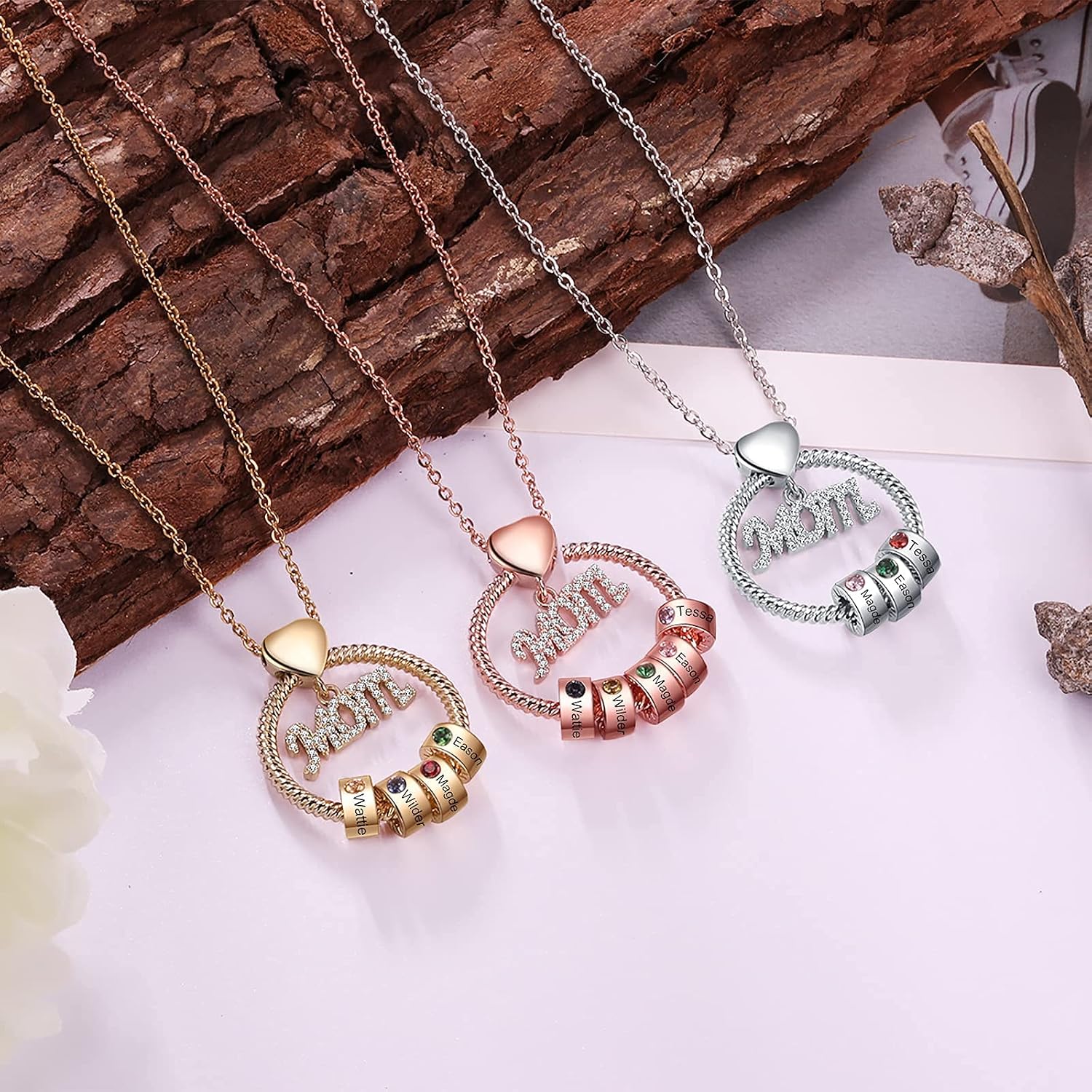 ALBERTBAND Personalized Mothers Day Gift Necklace for Mom with 1-5 Birthstones Pendant Custom Necklace for Mom Name Necklace for Women Birthstone Jewelry Necklace for Mother Grandmother Wife