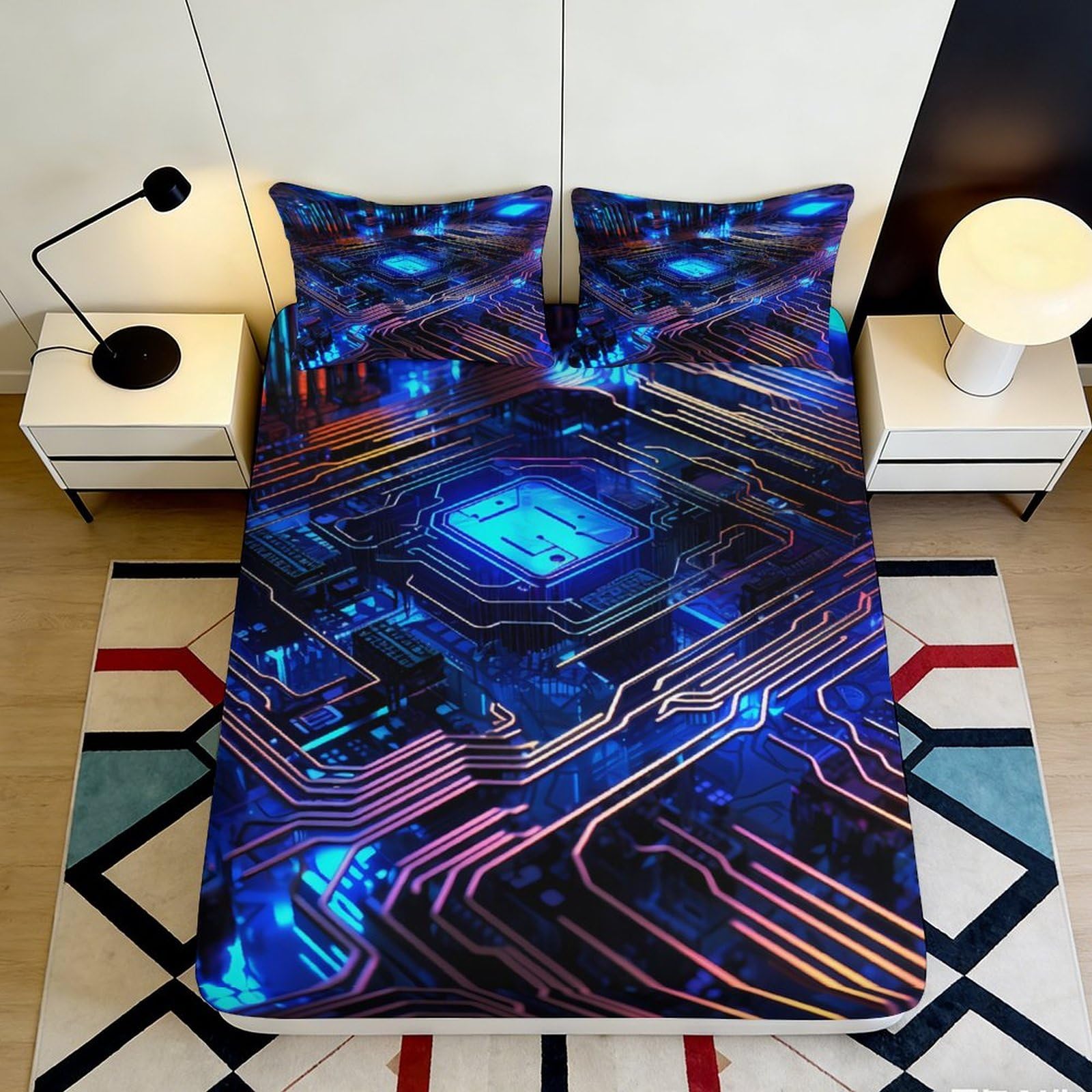 3D Printed Cyber Circuit Fitted Sheet Microfiber Soft Blue Neon Tech Bed Cover for Bedroom Dorm Mattress Decor 90x200x25cm