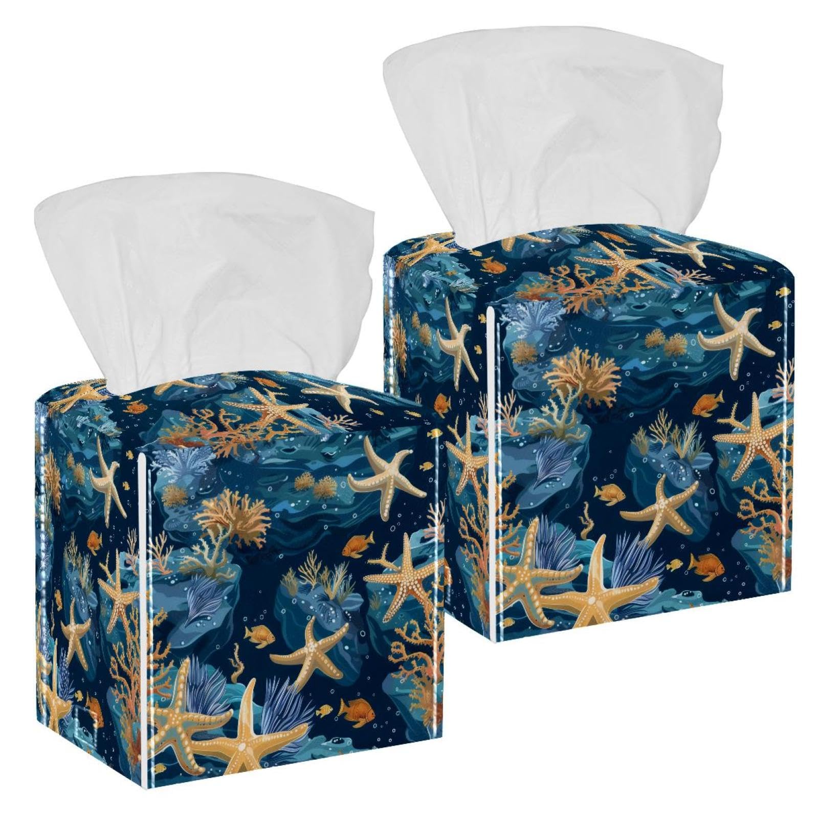 Coral and Starfish Tissue Box Cover, 2 Pack PU Leather Square Facial Tissue Dispenser Box holder for Home Office Car