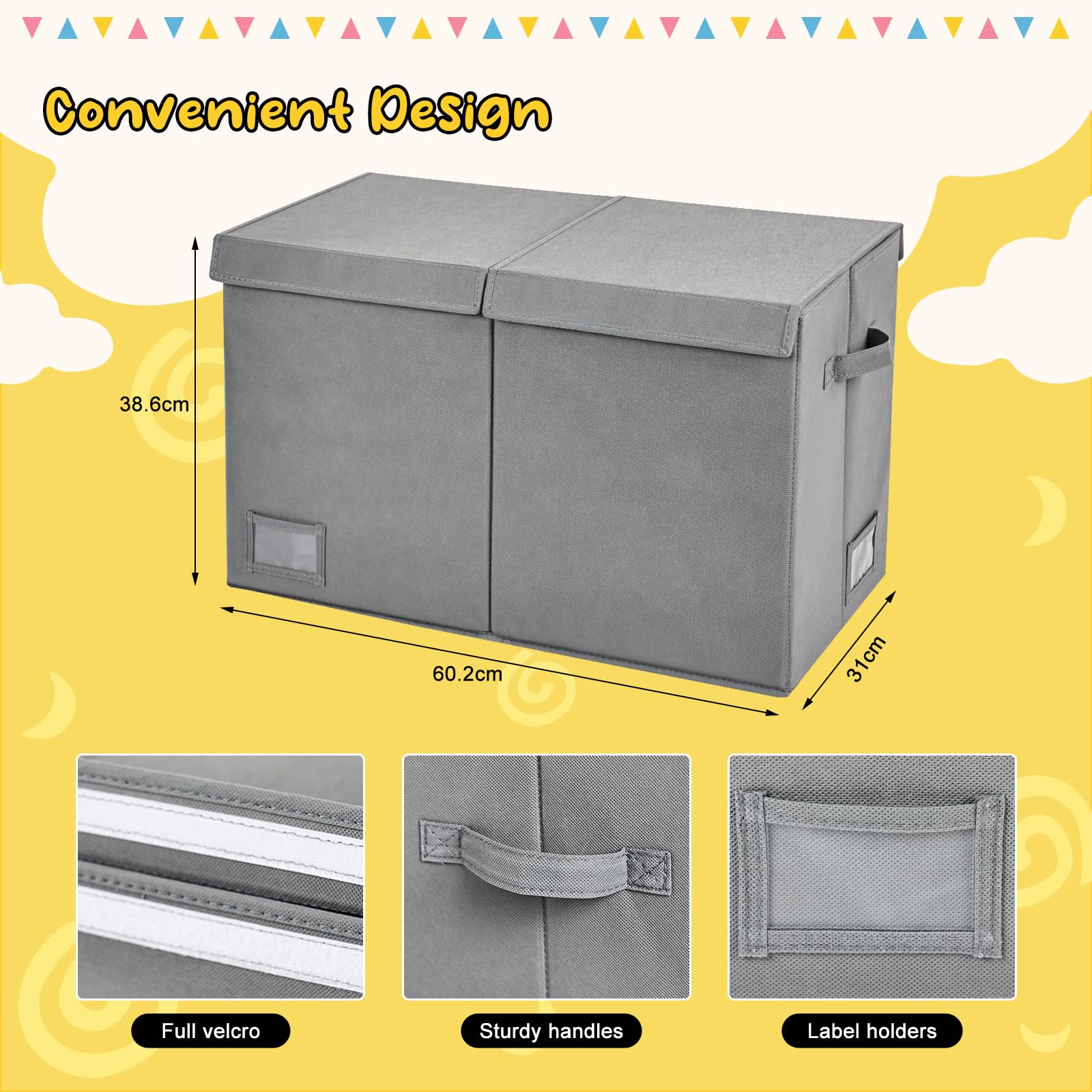 HEYCOOK Toys Storage Organiser, 72L Soft Toy Storage Box Large, Kids' Toy Chests & Boxes, Childrens Toy Storage Box with Lid (Grey) - Image 4