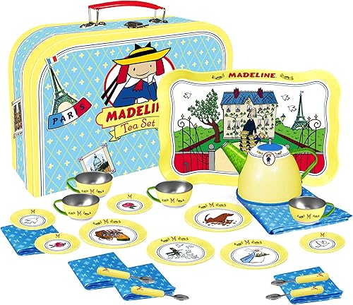 YOTTOY Madeline Collection - Juego de té de lata para niños de 23 piezas con ilustraciones, monogramas, estuche de transporte