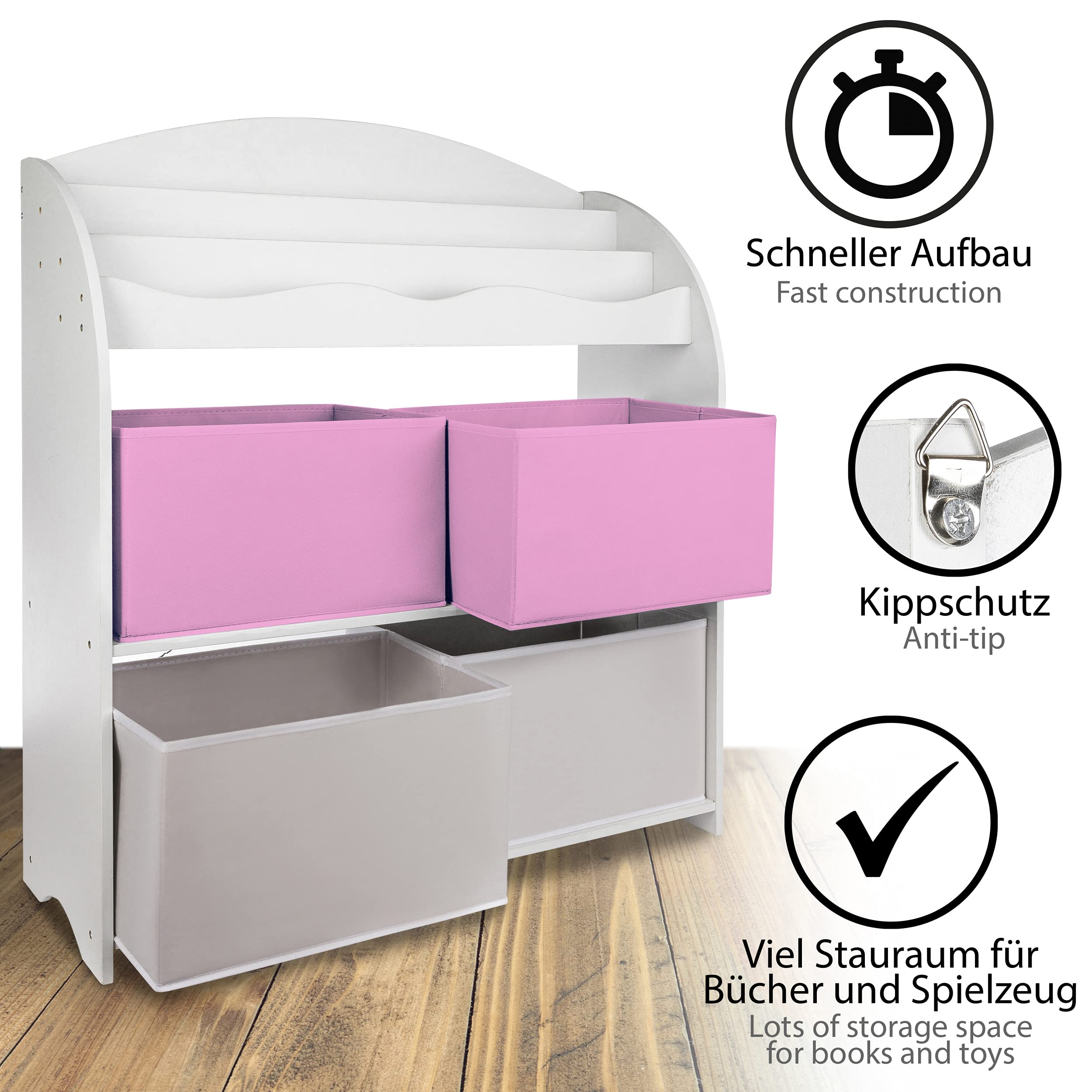 ONVAYA® Kinder-Bücherregal Finn Weiß | Kinderregal mit Boxen | Aufbewahrung von Büchern und Spielzeug | Organizer für Kinderzimmer (Bücherregal Rosa)