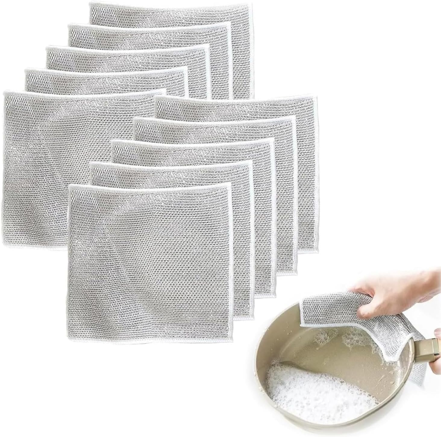 WchoeSS 10PCS Multipurpose Dishwashing Rags, Silver Mesh Dishcloth, Dish Cloths for Washing Up Reusable Kitchen Cleaning Dish Towels Dish Cloths, Multifunctional Wire Dishcloth, Metal Scourer