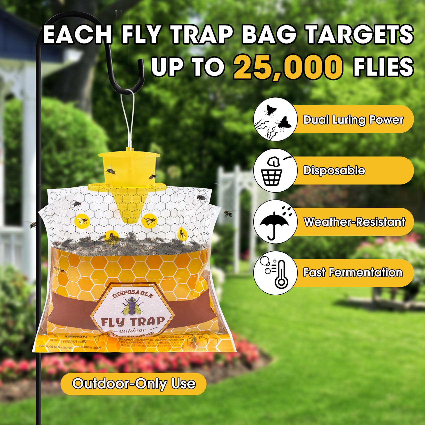 Paquete de 4 trampas para moscas para colgar al aire libre para patio, bolsas desechables para moscas al aire libre con cebo de 30 g, atrapador de moscas de insectos, control asesino para granero