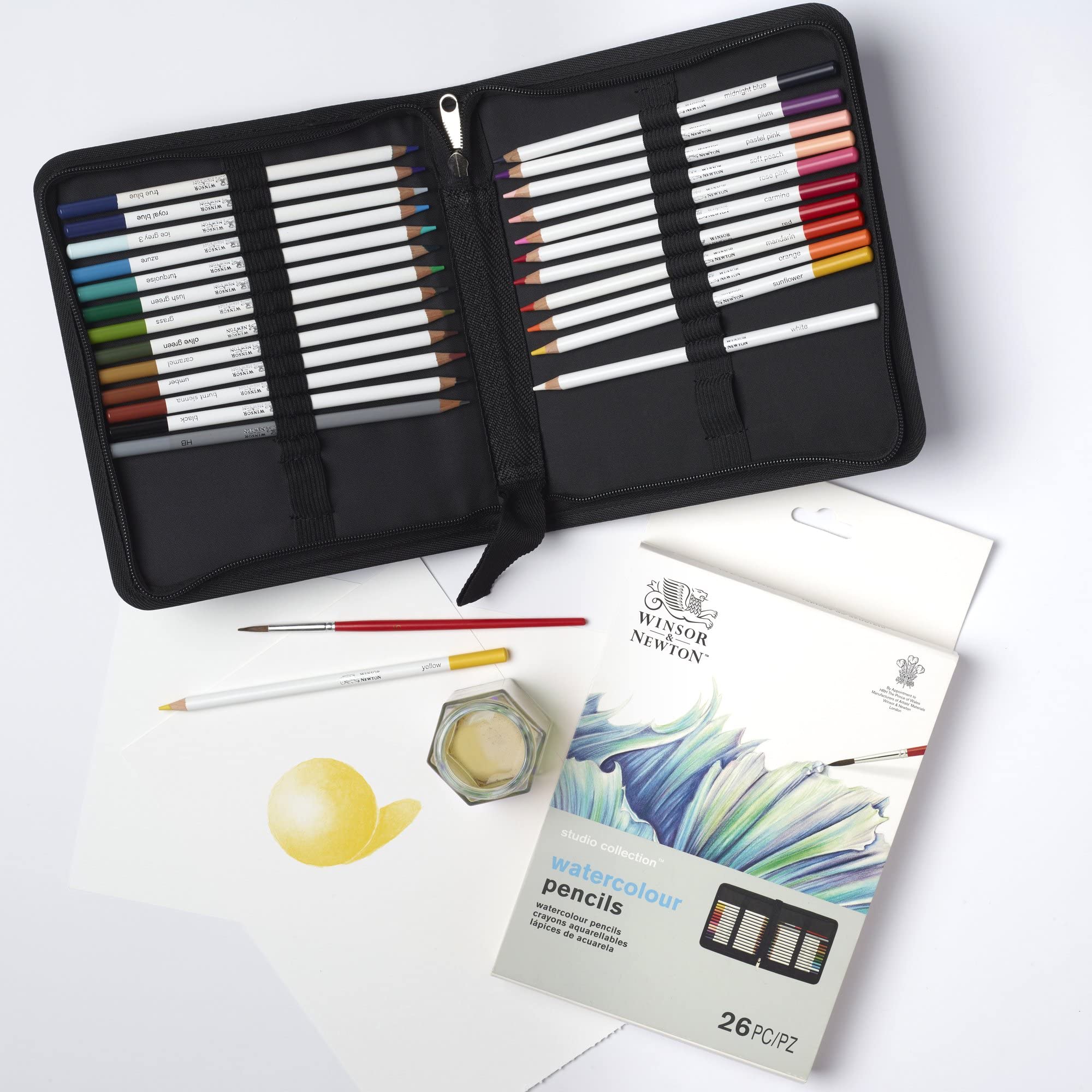 Winsor & Newton 2090005 26-teiliges Geschenkset zum Skizzieren, Illustieren, Zeichnen für Künstler mit 24 Aquarellstiften 1 Skizzenstift in HB und 1 Pinsel