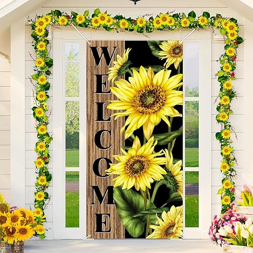 Cubierta de puerta de girasol, pancarta de bienvenida para primavera, verano, girasol, telón de fondo de girasol, decoraciones de bienvenida de