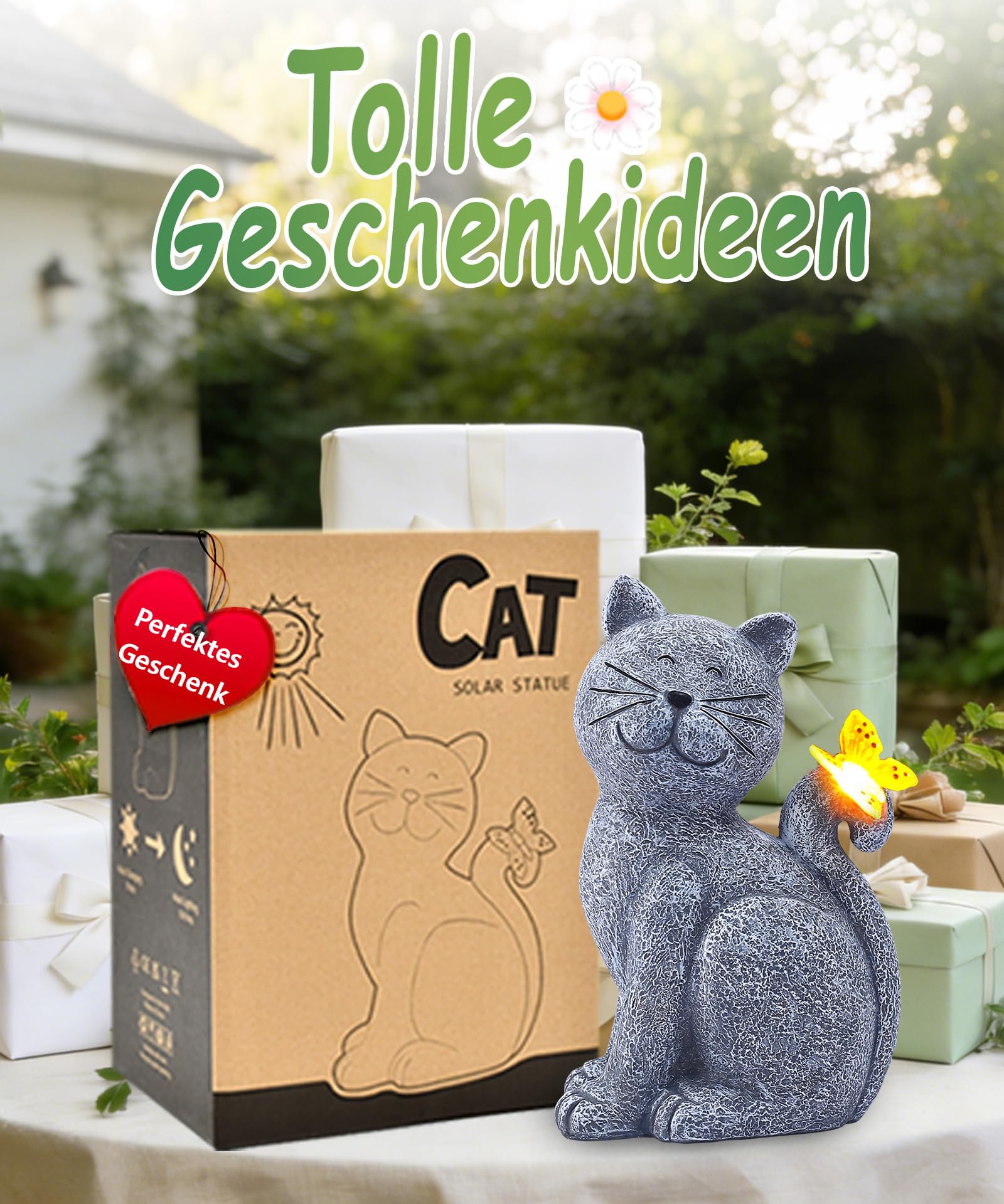 Yeomoo Katzen Figuren mit Solar Schmetterling Deko Wohnzimmer Gartendeko für draußen: Lustig katze Geschenk für Frauen Mama Geburtstagsgeschenk Gartenfiguren Wasserdicht Zimmer Garten Balkon Deko Grau