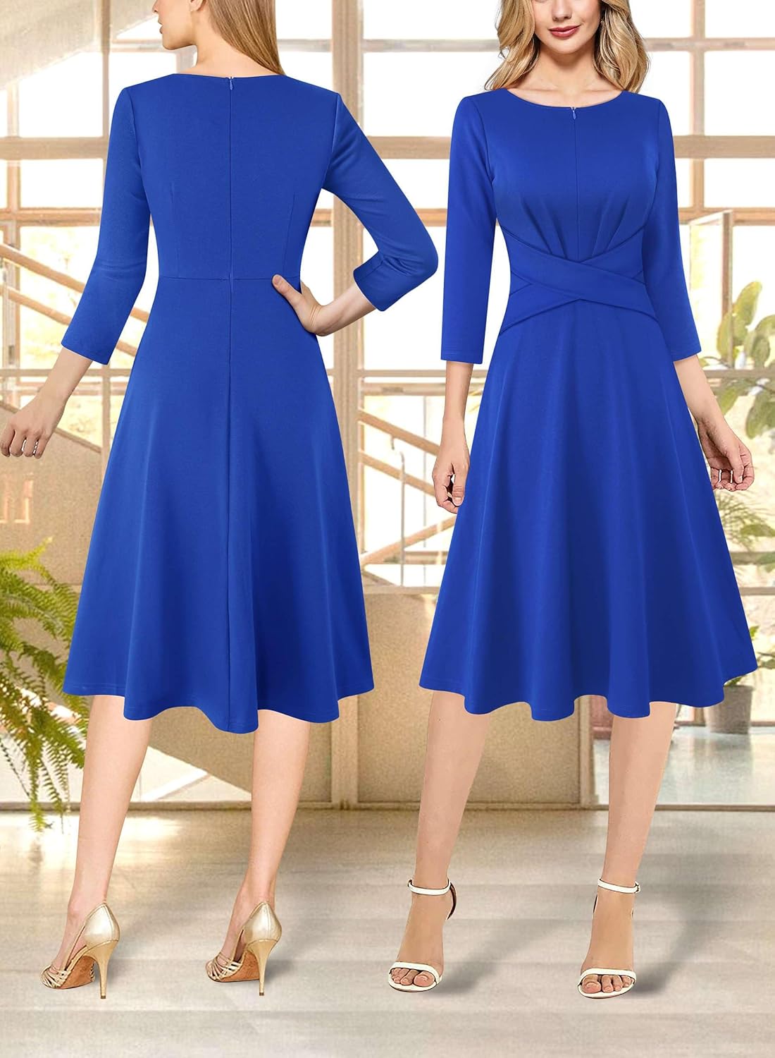 VFSHOW Womens Front Zipper Office Business Work Church Professional Front Zipper Knee Length A Line Fit and Flare Dress - Image 2