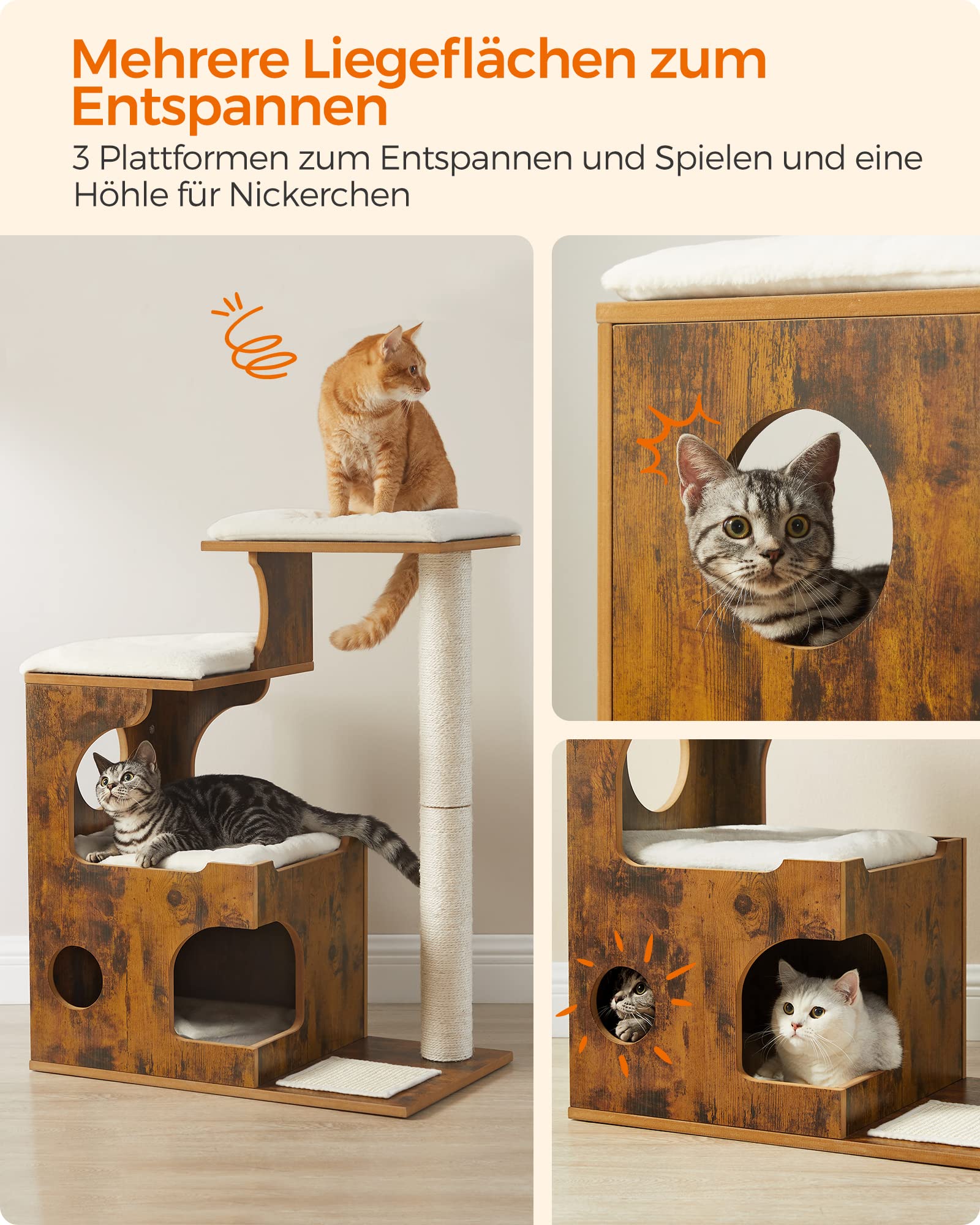 Feandrea Kratzbaum, 86 cm hoher Katzenbaum, Spanplatten-Katzenkratzbaum, mit Höhle, Liegeflächen, Säule und Sisal-Kratzmatte, waschbare Plüschkissen, vintagebraun PCT70HW