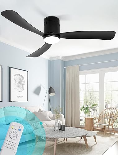 OUATER Ventilador de techo de montaje empotrado con luces, ventiladores de techo negros de perfil bajo de 52 pulgadas con control remoto de luces,