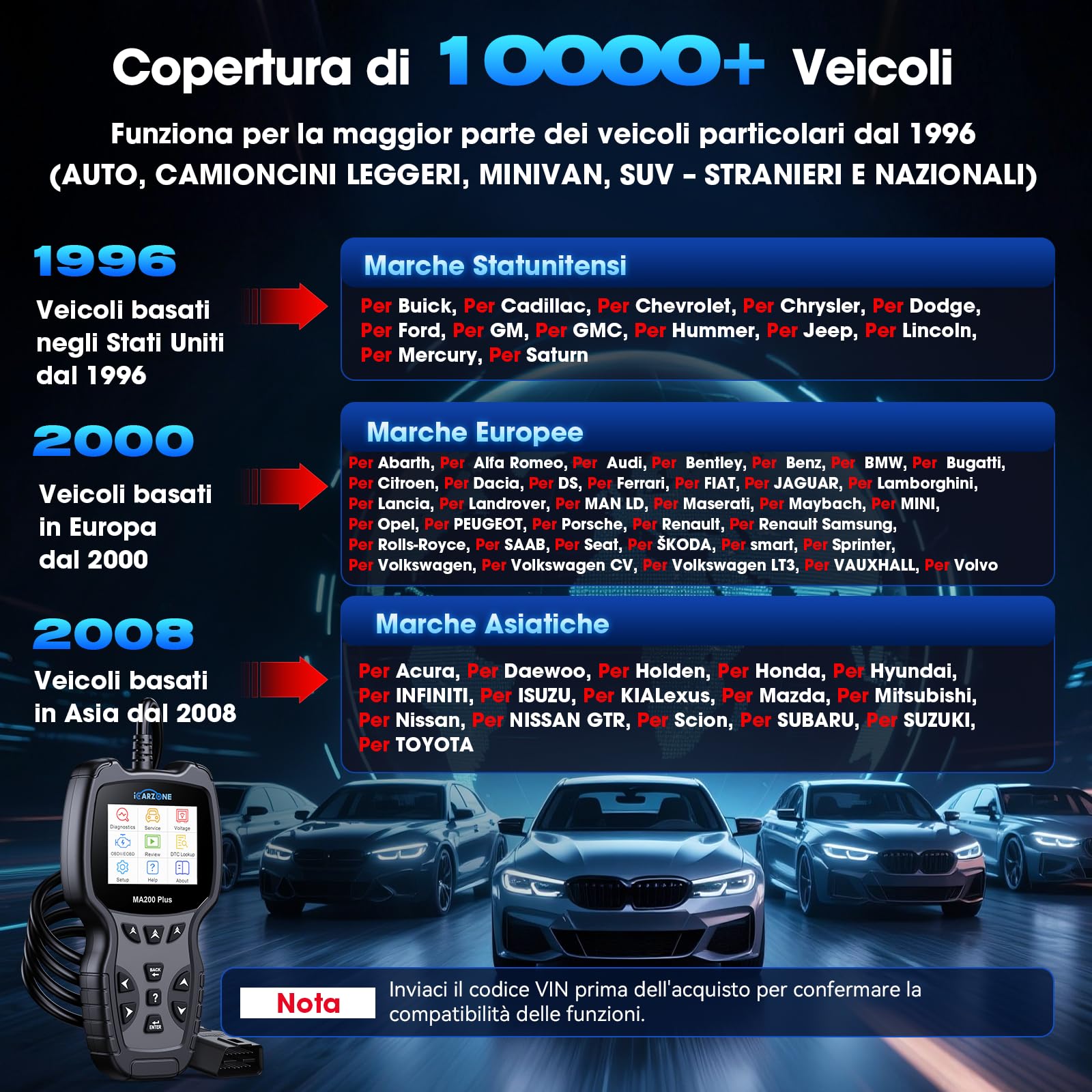 MA200 Plus Auto Diagnostica, Diagnosi Auto Professionale in Italiano per Tutti i Sistemi, 6 Funzioni di Ripristino, Reset Olio/EPB/SAS/TPMS/DPF/BMS, Auto VIN, Aggiornamento a Vita