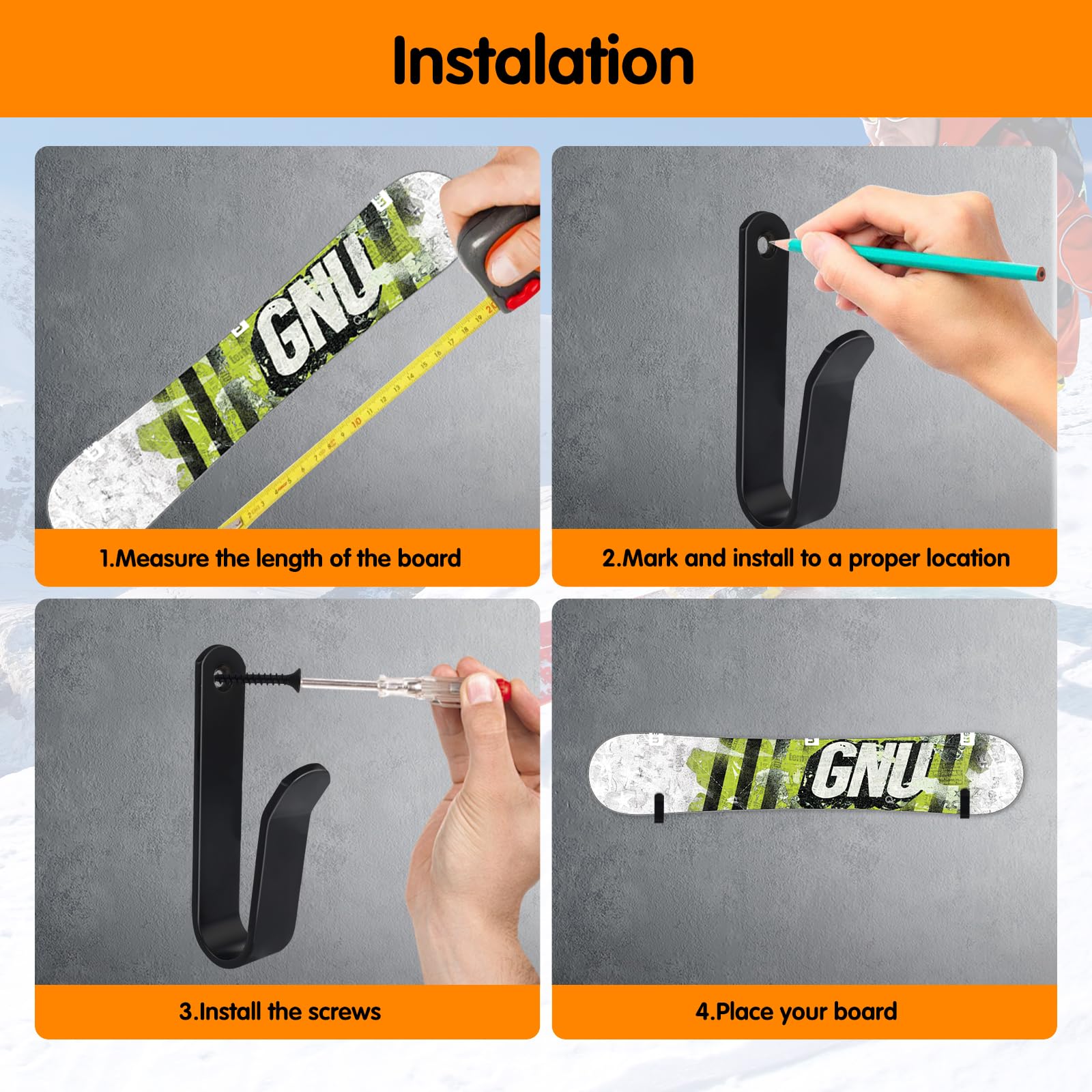 4 Piezas Soporte de Pared para Snowboard, Horizontal Soporte para Snowboard Soporte, Estante de Exhibición para Snowboard, Acero Fuerte Snowboard Wall Mount para Habitación Garaje